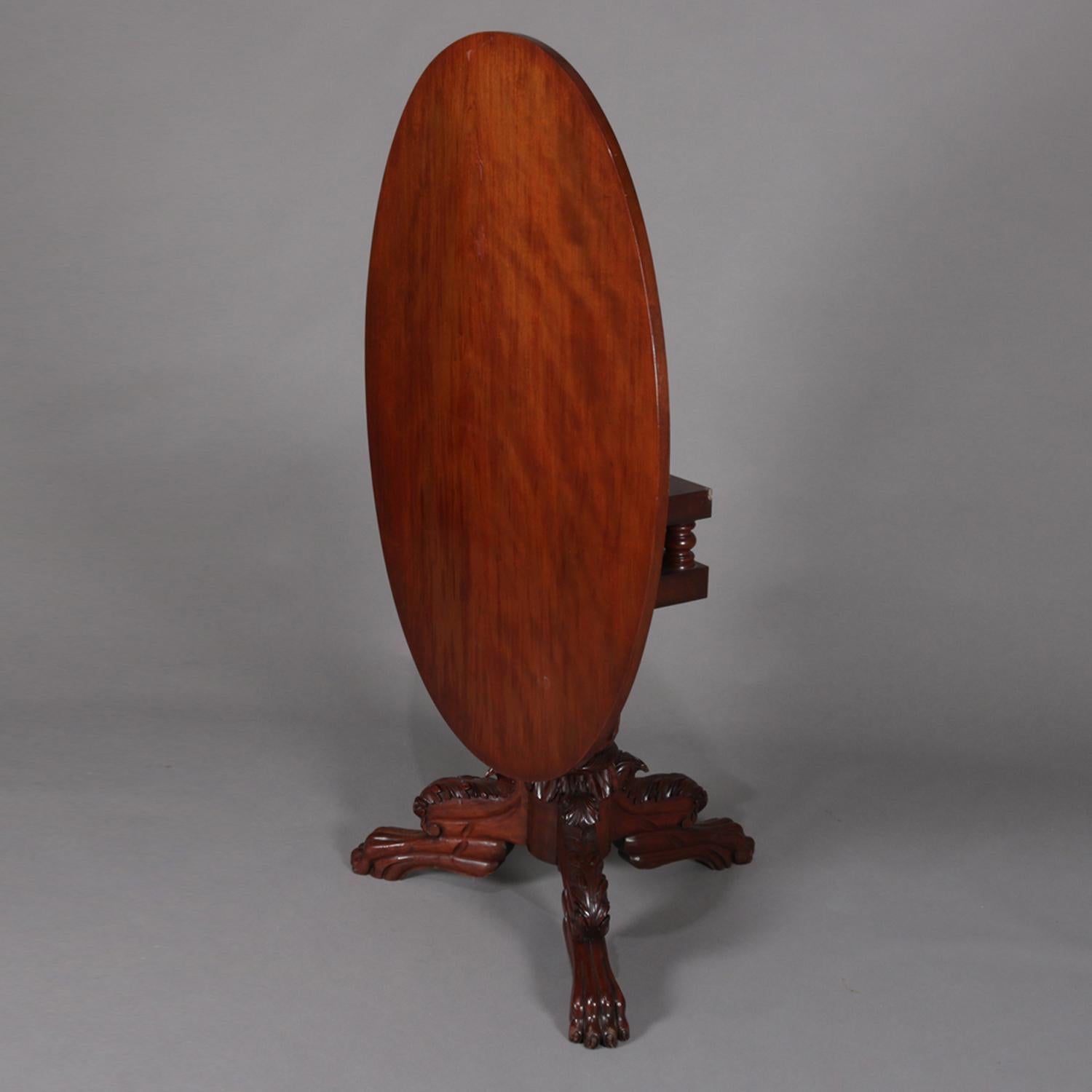 Antique American Empire Carved Mahogany Oval Tilt-Top Table Acanthus & Claw 1840 1