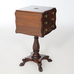Antique American Empire Carved Mahogany Two Drawer Drop Leaf Stand Circa 1840