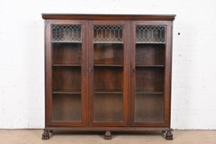 Antique American Empire Carved Oak Triple Bookcase, Circa 1890s