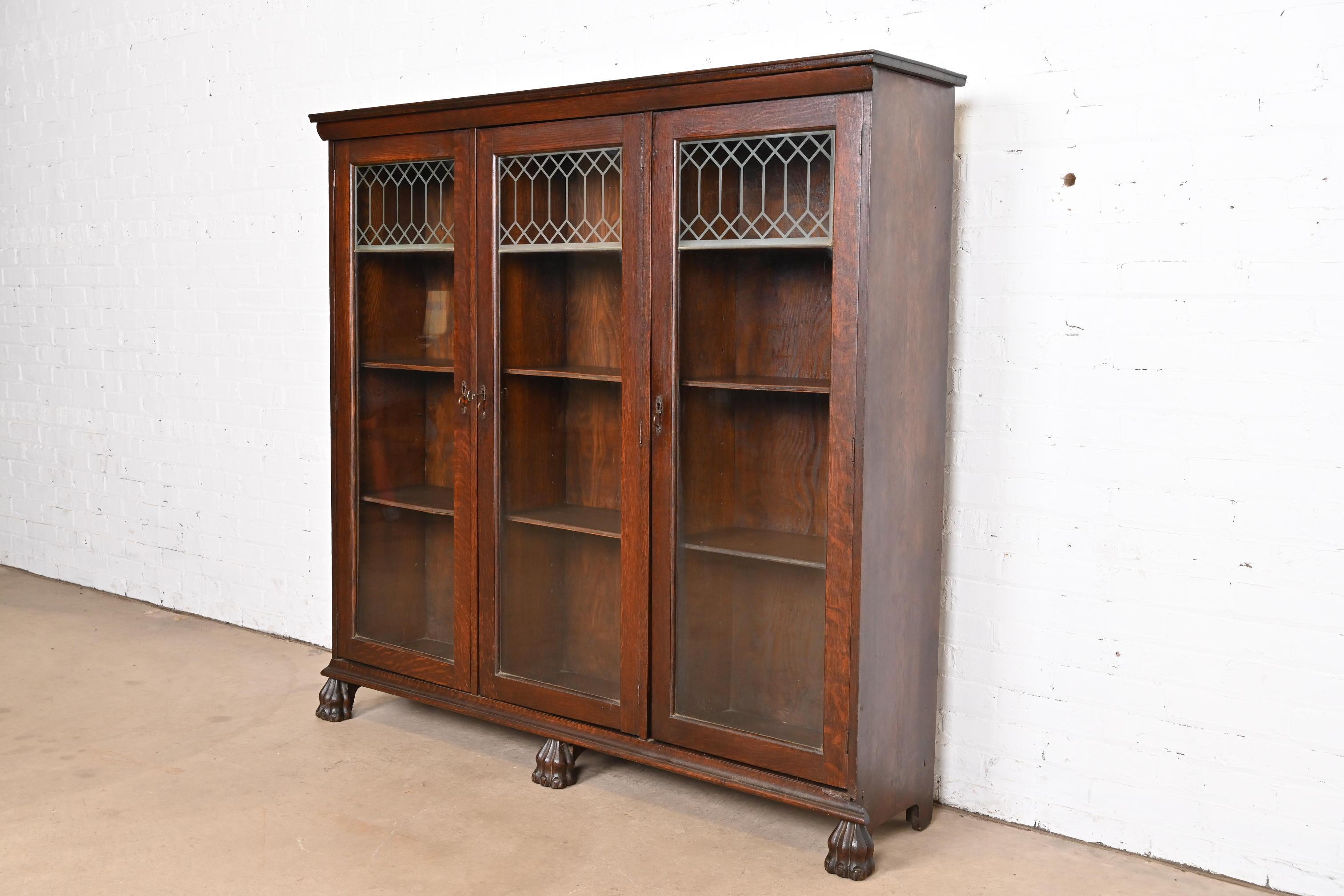 Antique American Empire Carved Oak Triple Bookcase, Circa 1890s In Good Condition In South Bend, IN