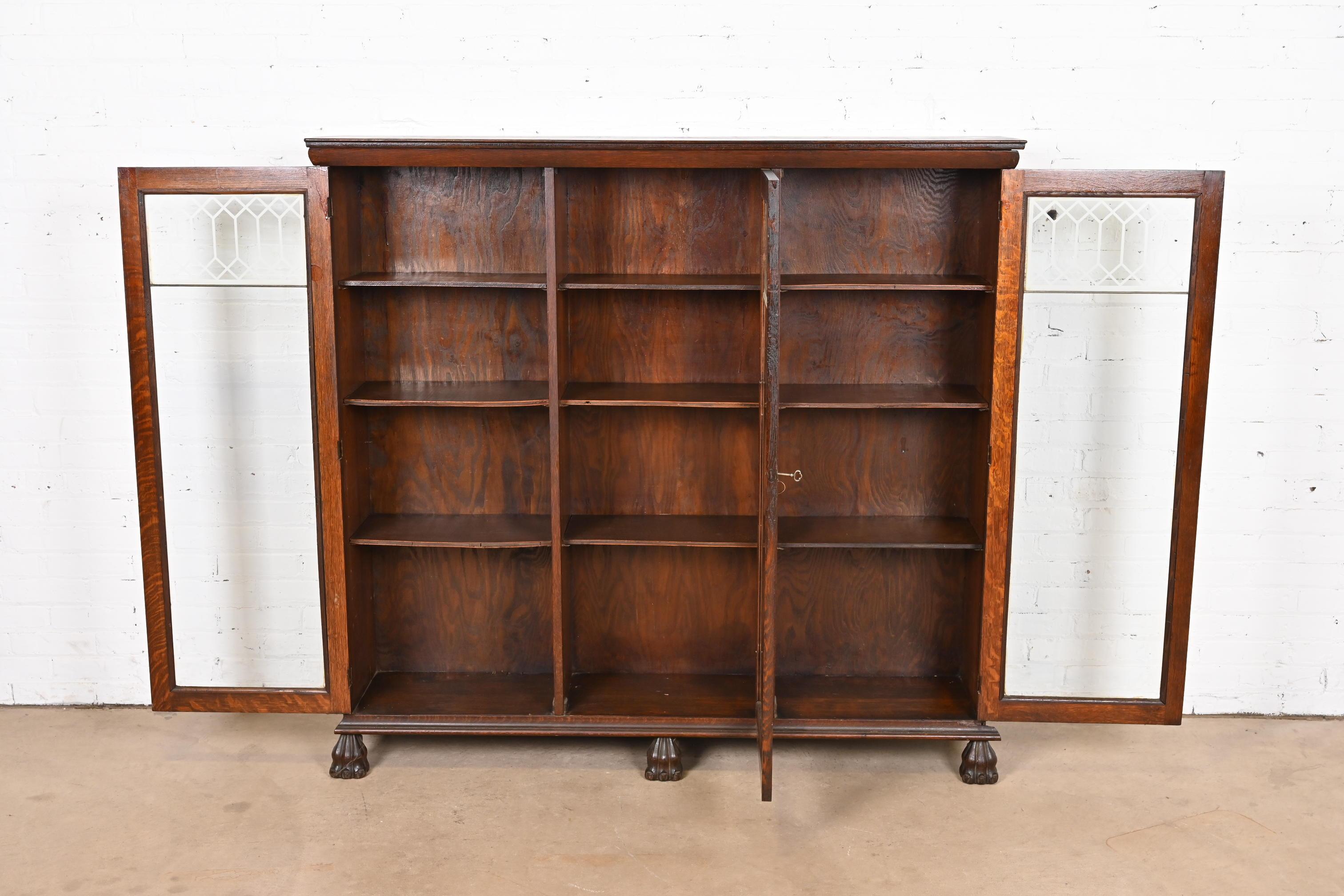 Brass Antique American Empire Carved Oak Triple Bookcase, Circa 1890s