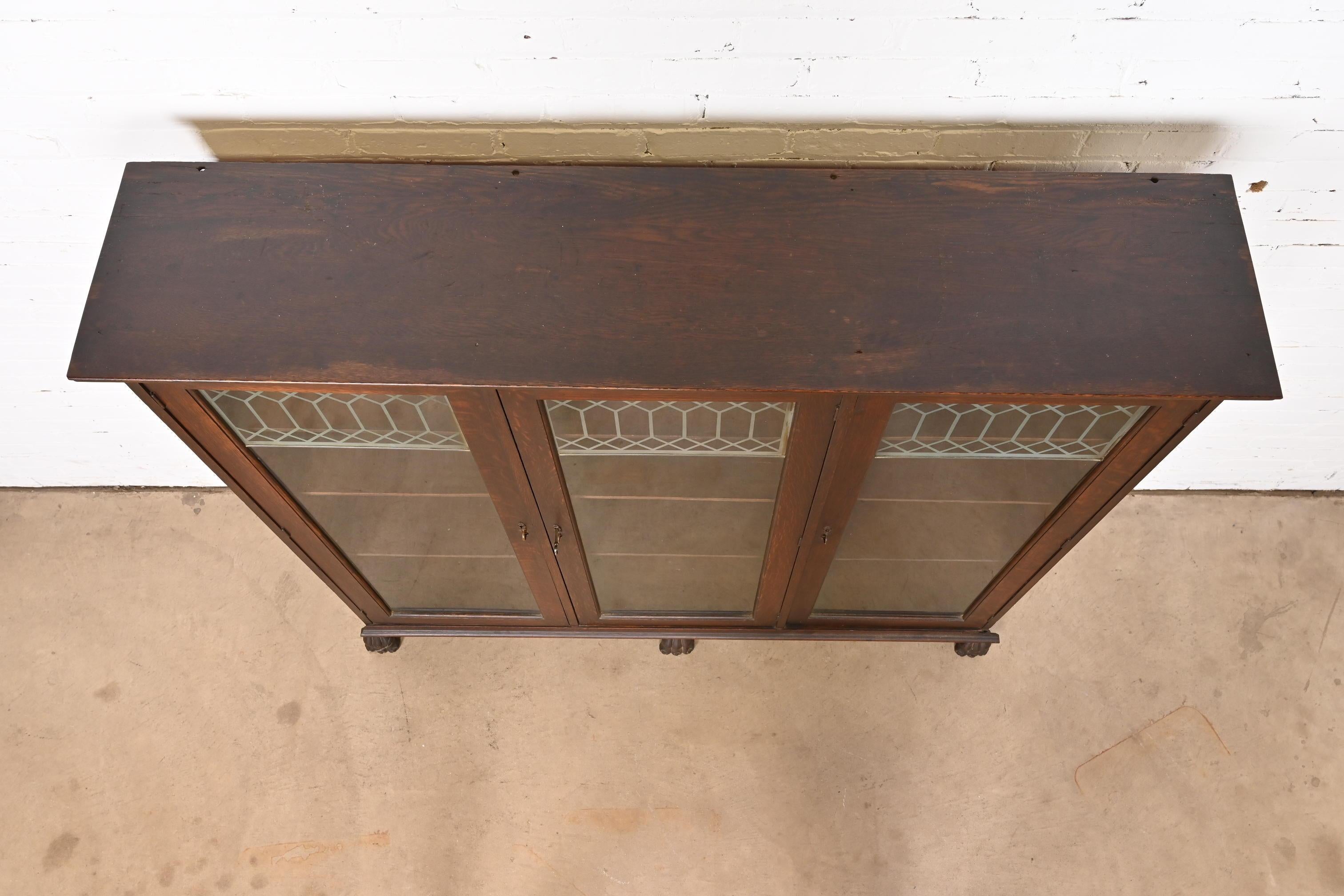 Antique American Empire Carved Oak Triple Bookcase, Circa 1890s 1