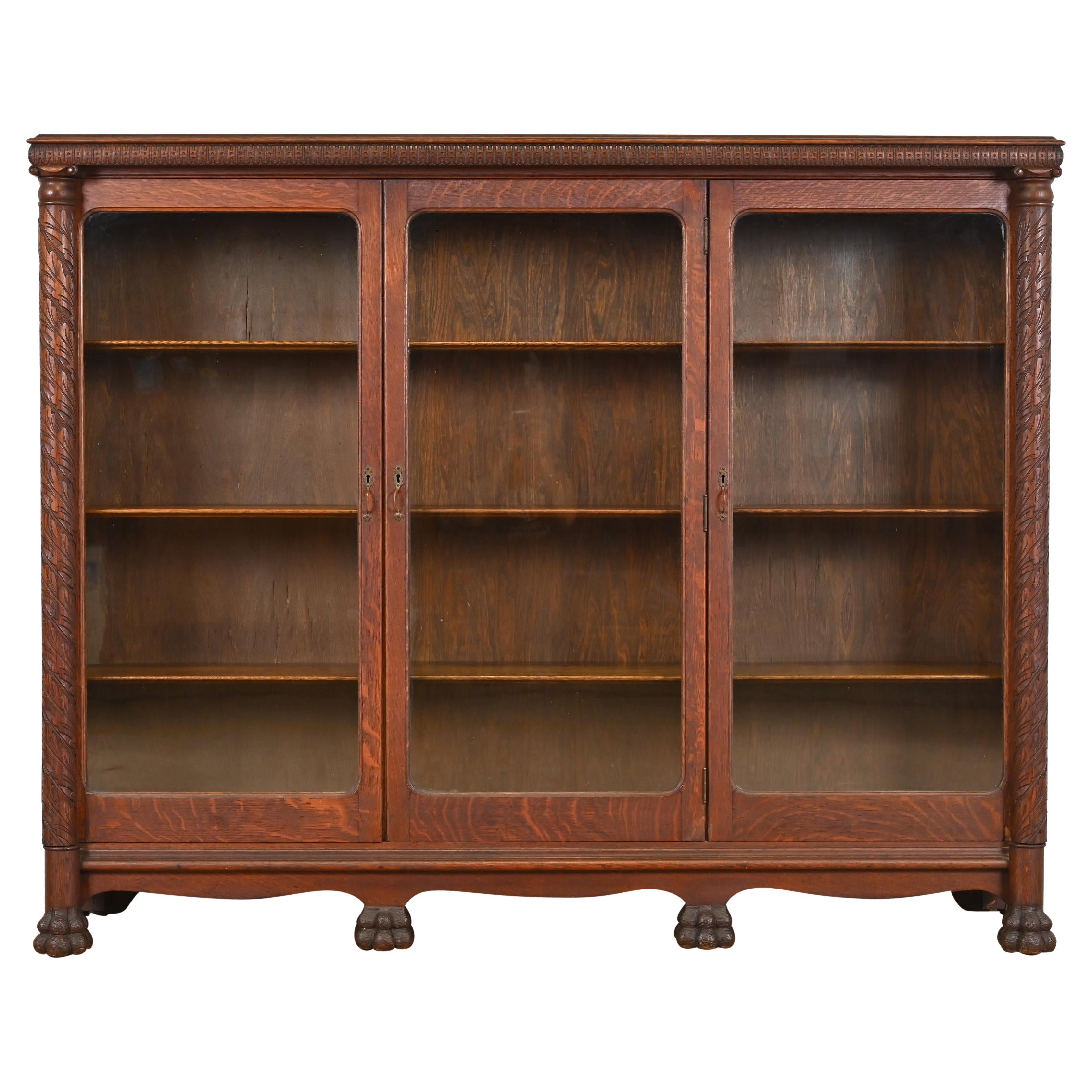 Antique American Empire Carved Oak Triple Bookcase, circa 1890s
