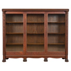 Antique American Empire Carved Oak Triple Bookcase, circa 1890s