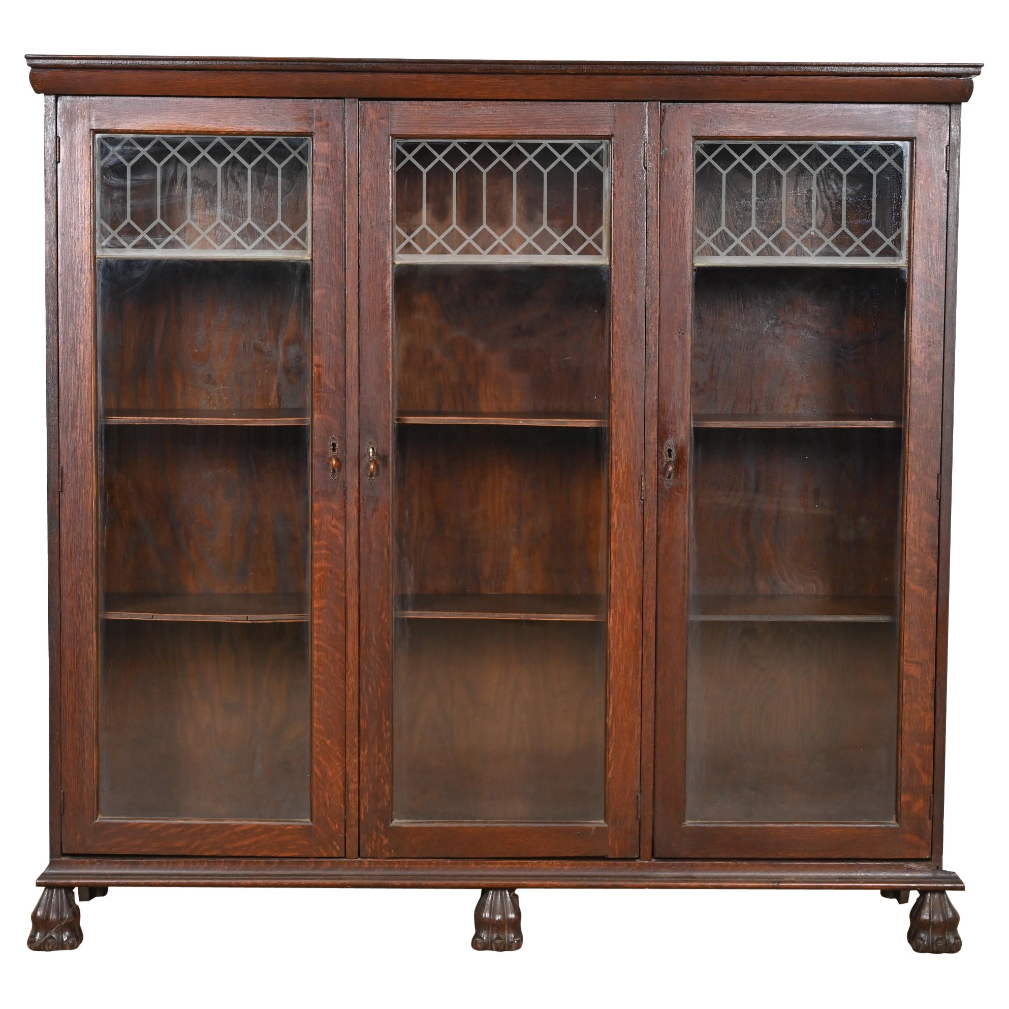 Antique American Empire Carved Oak Triple Bookcase, Circa 1890s