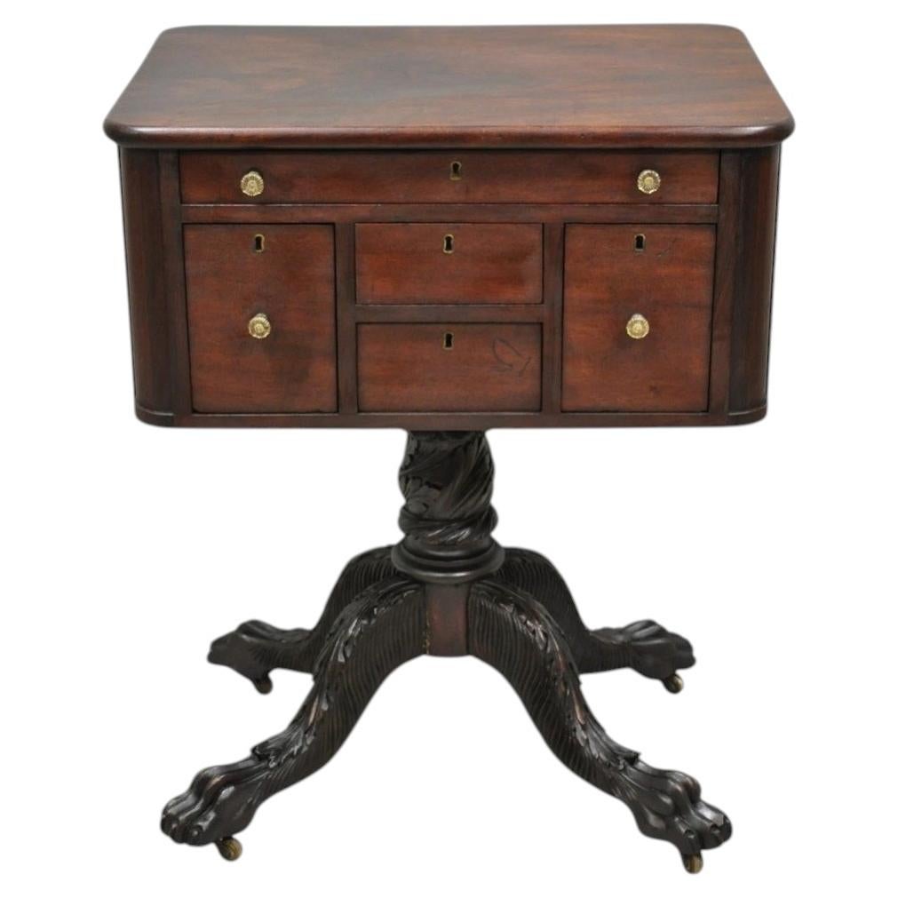 Antique American Empire Carved Paw Foot Pedestal Base Work Stand Side Table For Sale