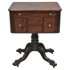 Antique American Empire Carved Paw Foot Pedestal Base Work Stand Side Table