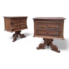 Antique American Empire Carved Walnut 2 Drawer Pedestal Base Side Chests - Pair