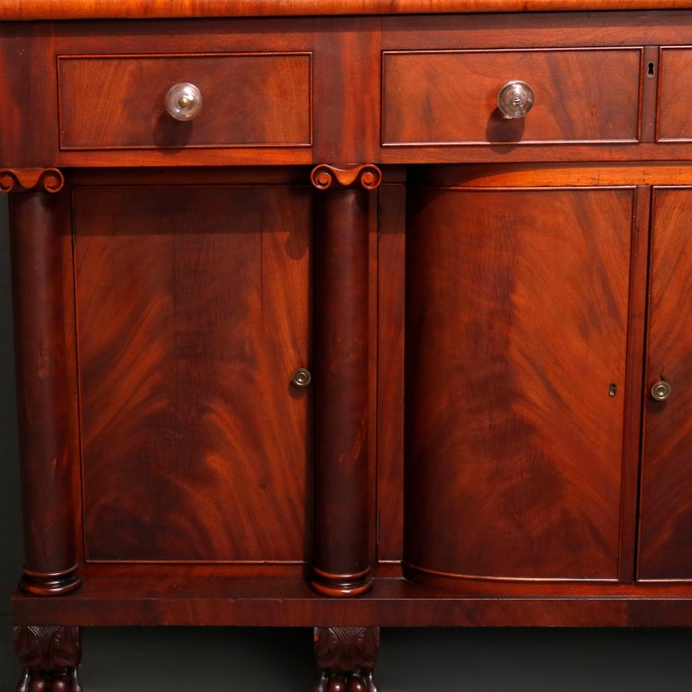 Antique American Empire Classical Carved Flame Mahogany Sideboard