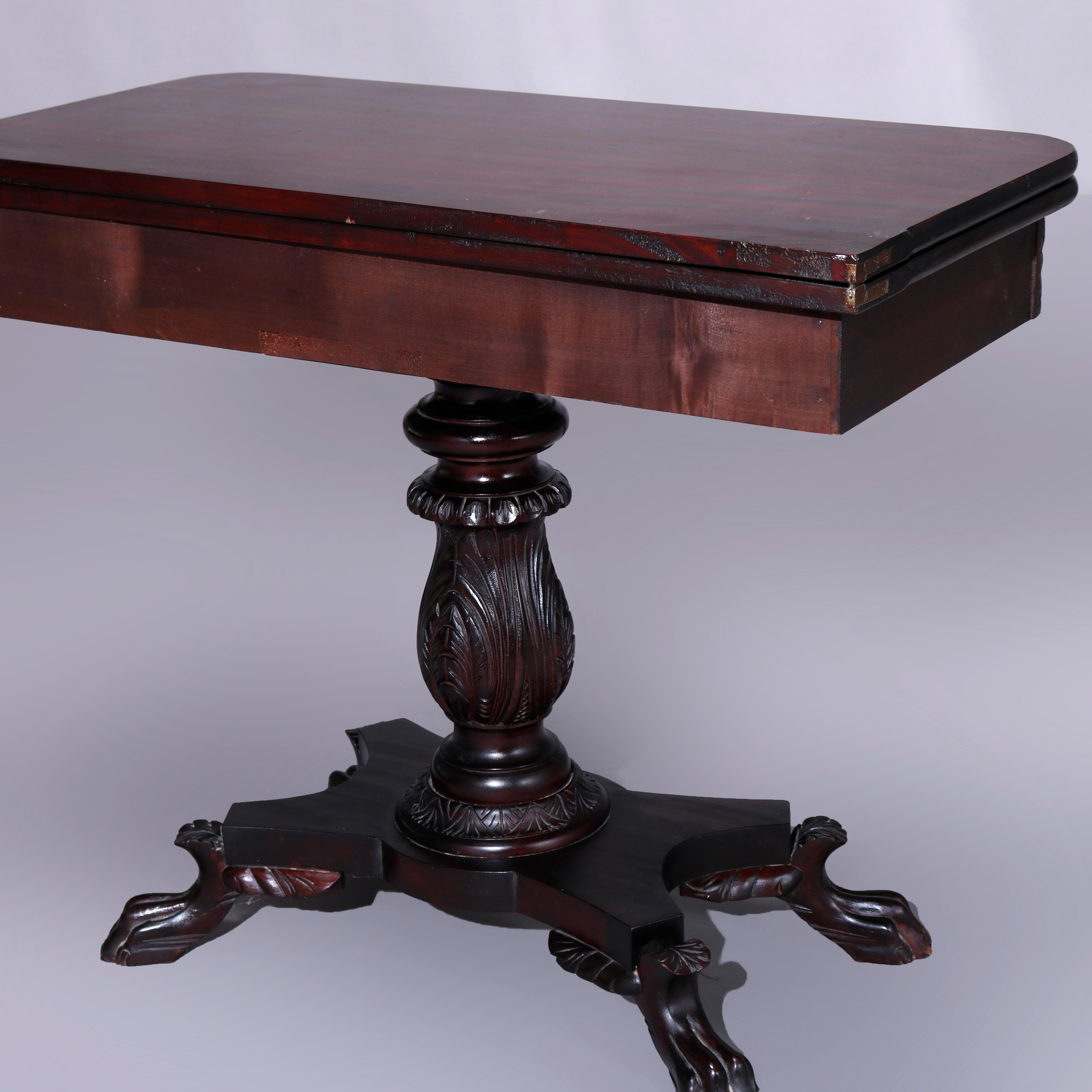 Antique American Empire Classical Carved Mahogany Claw Foot Card Table c1840 1