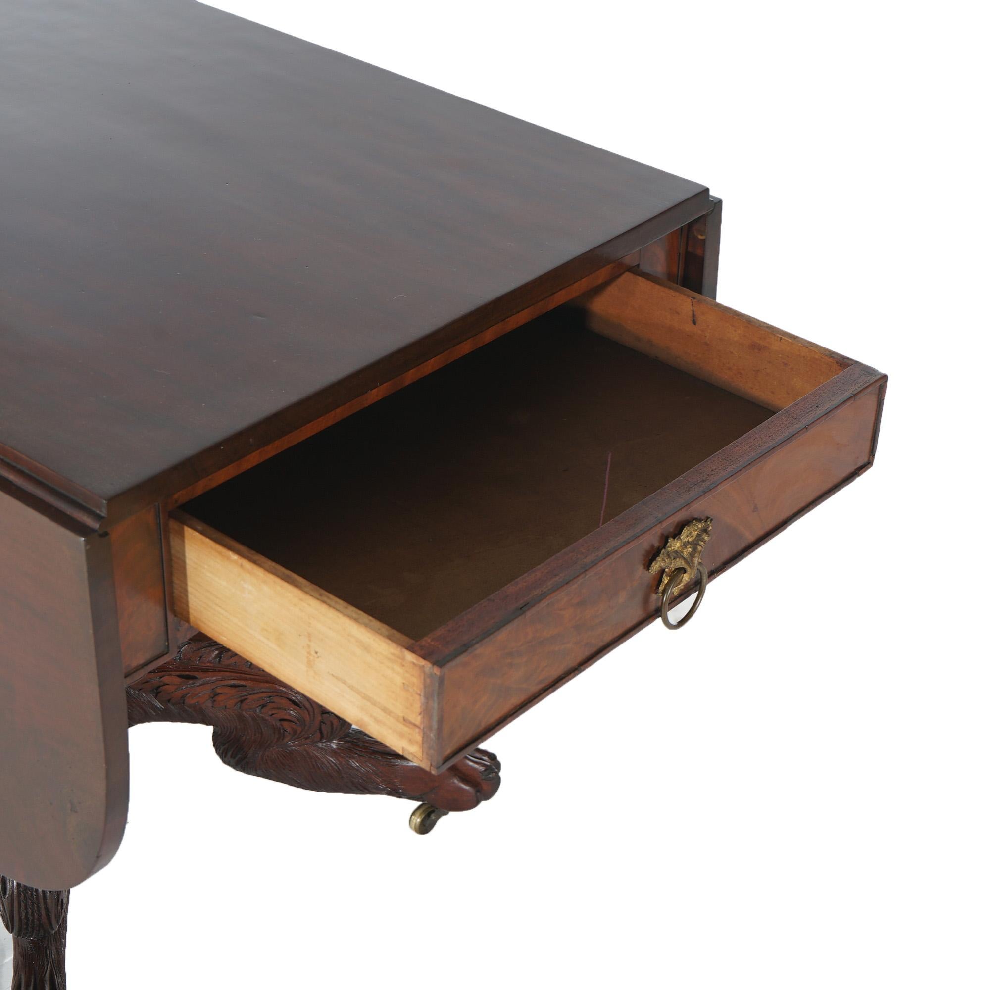 Antique American Empire Classical Carved Mahogany Drop Leaf Table with Paw Feet 6