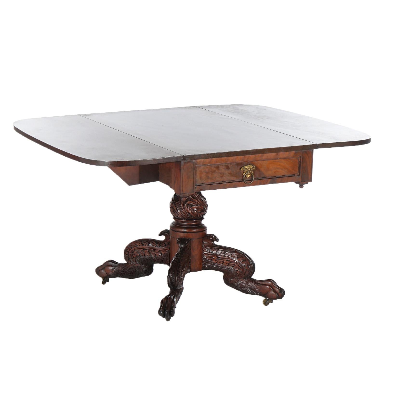 Antique American Empire Classical Carved Mahogany Drop Leaf Table with Paw Feet 7