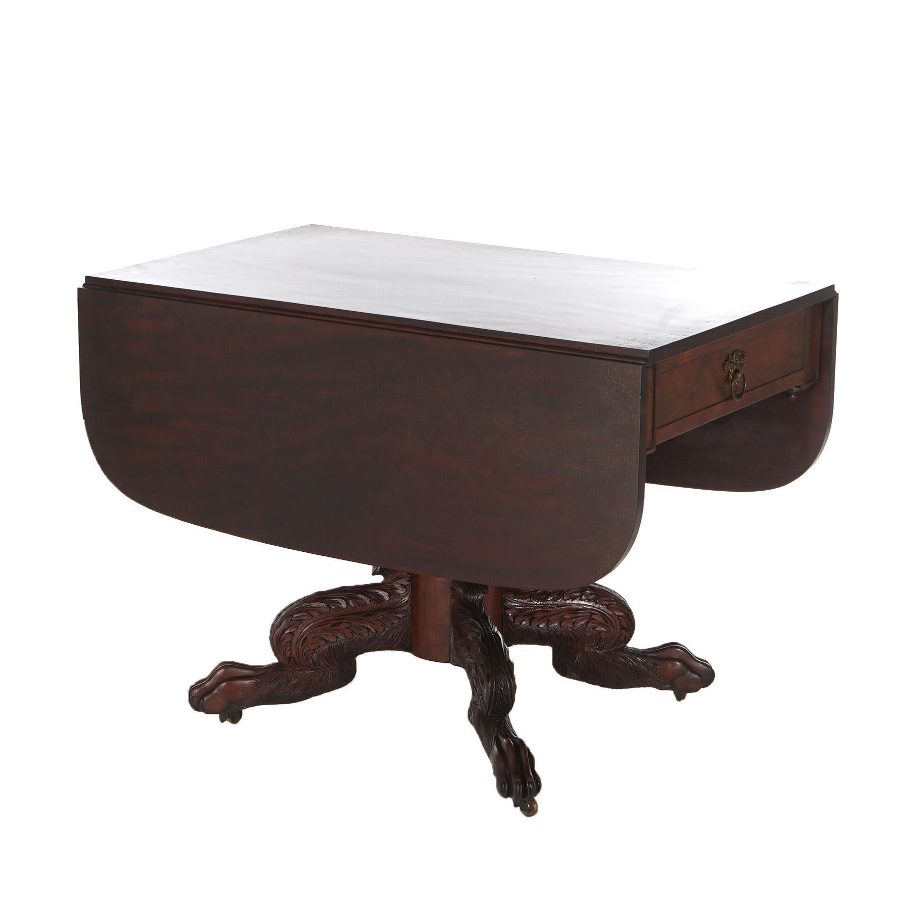 Antique American Empire Classical Carved Mahogany Drop Leaf Table with Paw Feet In Good Condition In Big Flats, NY