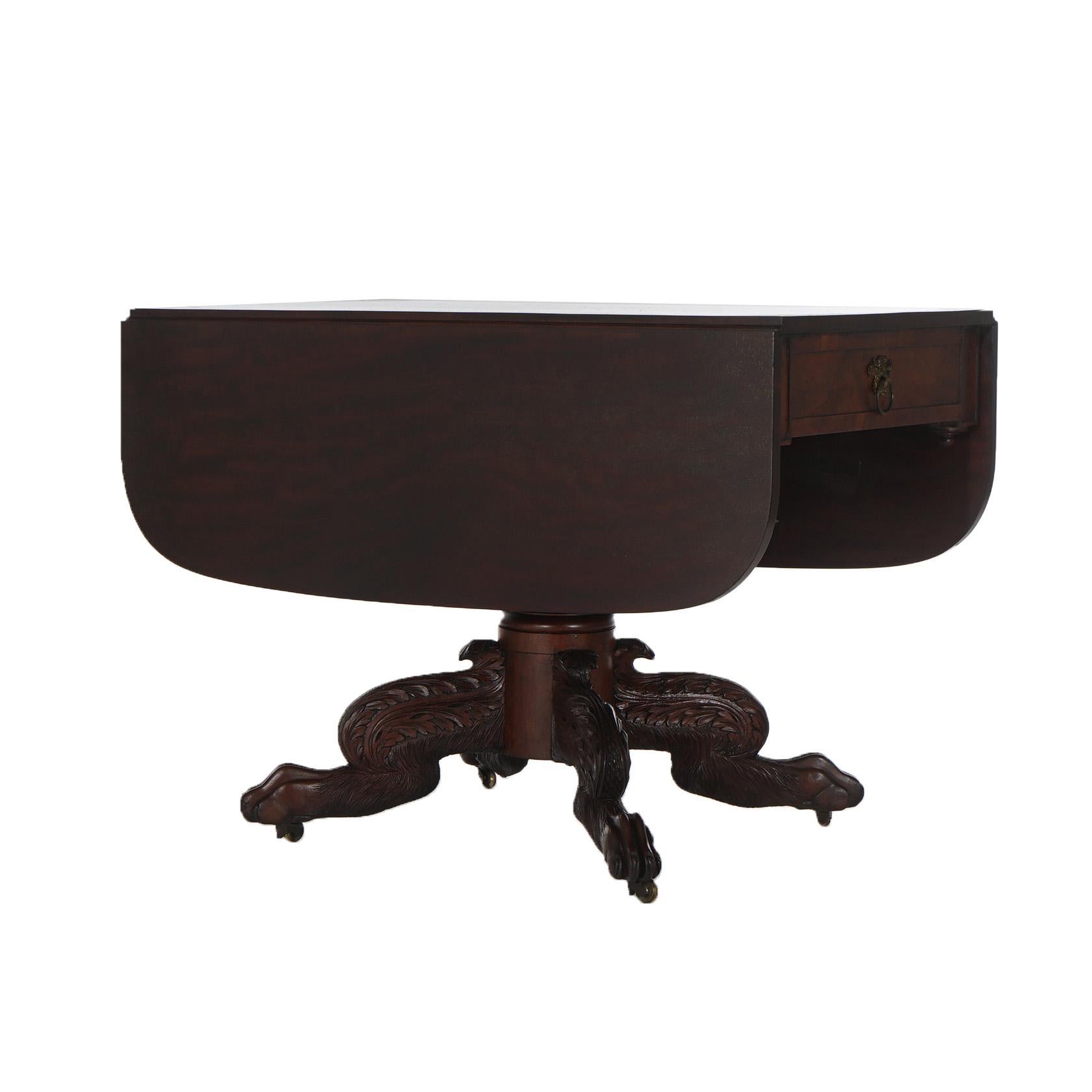 19th Century Antique American Empire Classical Carved Mahogany Drop Leaf Table with Paw Feet