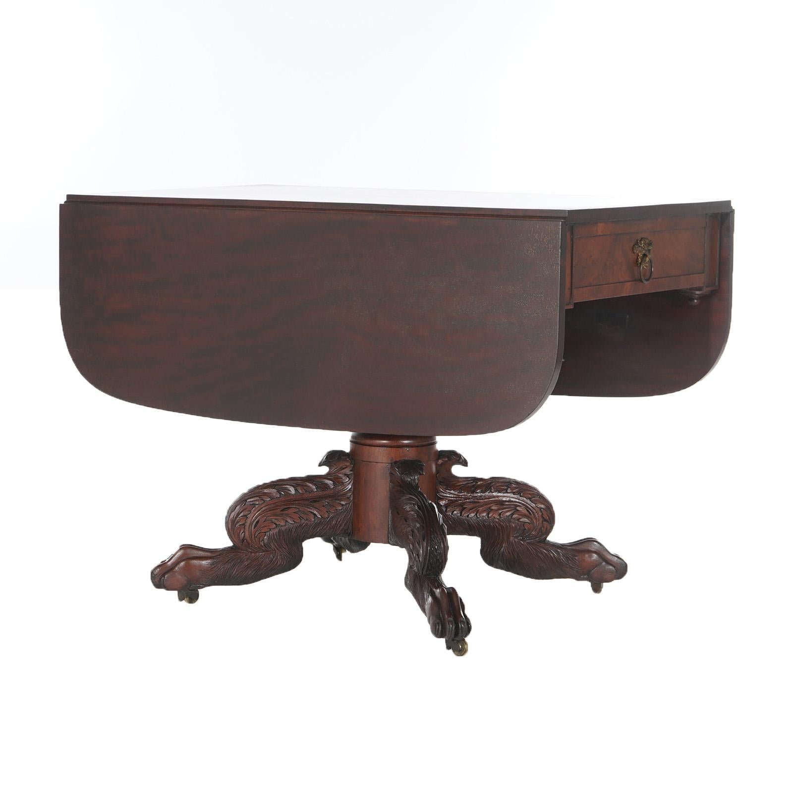 Antique American Empire Classical Carved Mahogany Drop Leaf Table with Paw Feet 1