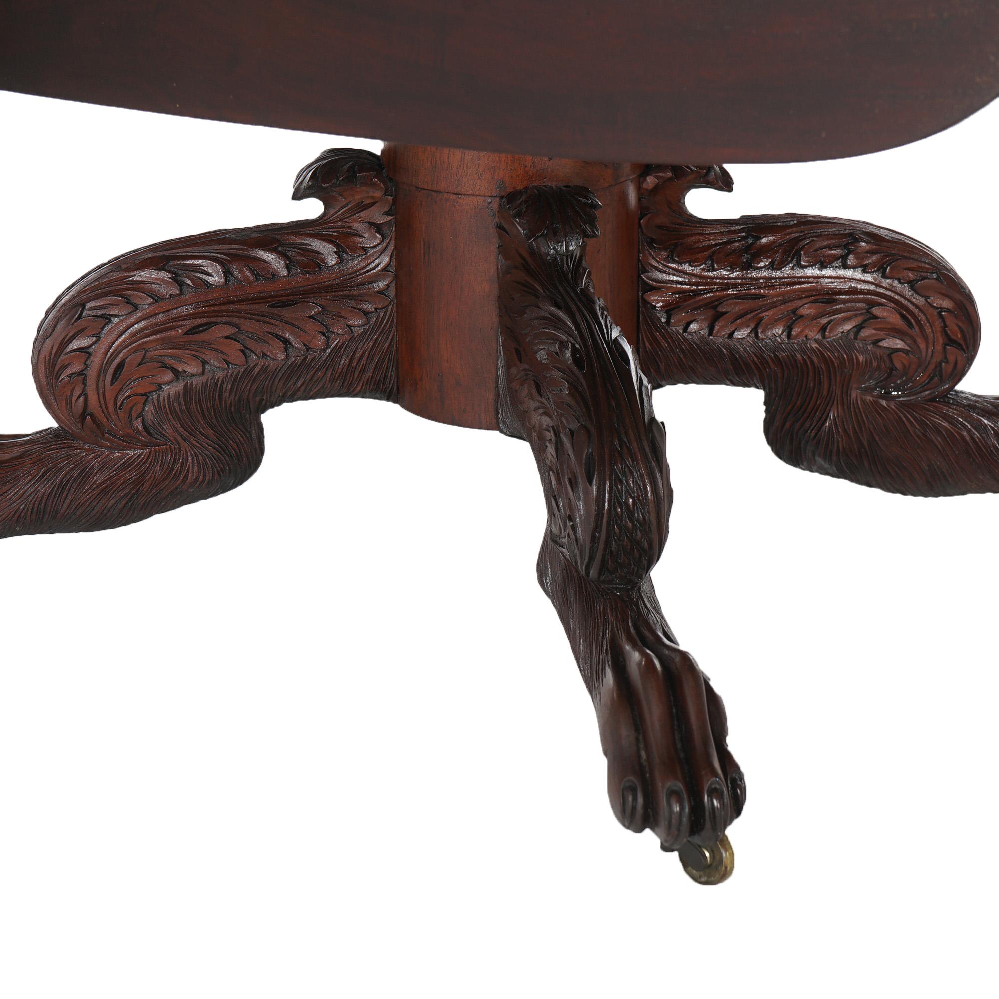Antique American Empire Classical Carved Mahogany Drop Leaf Table with Paw Feet 2