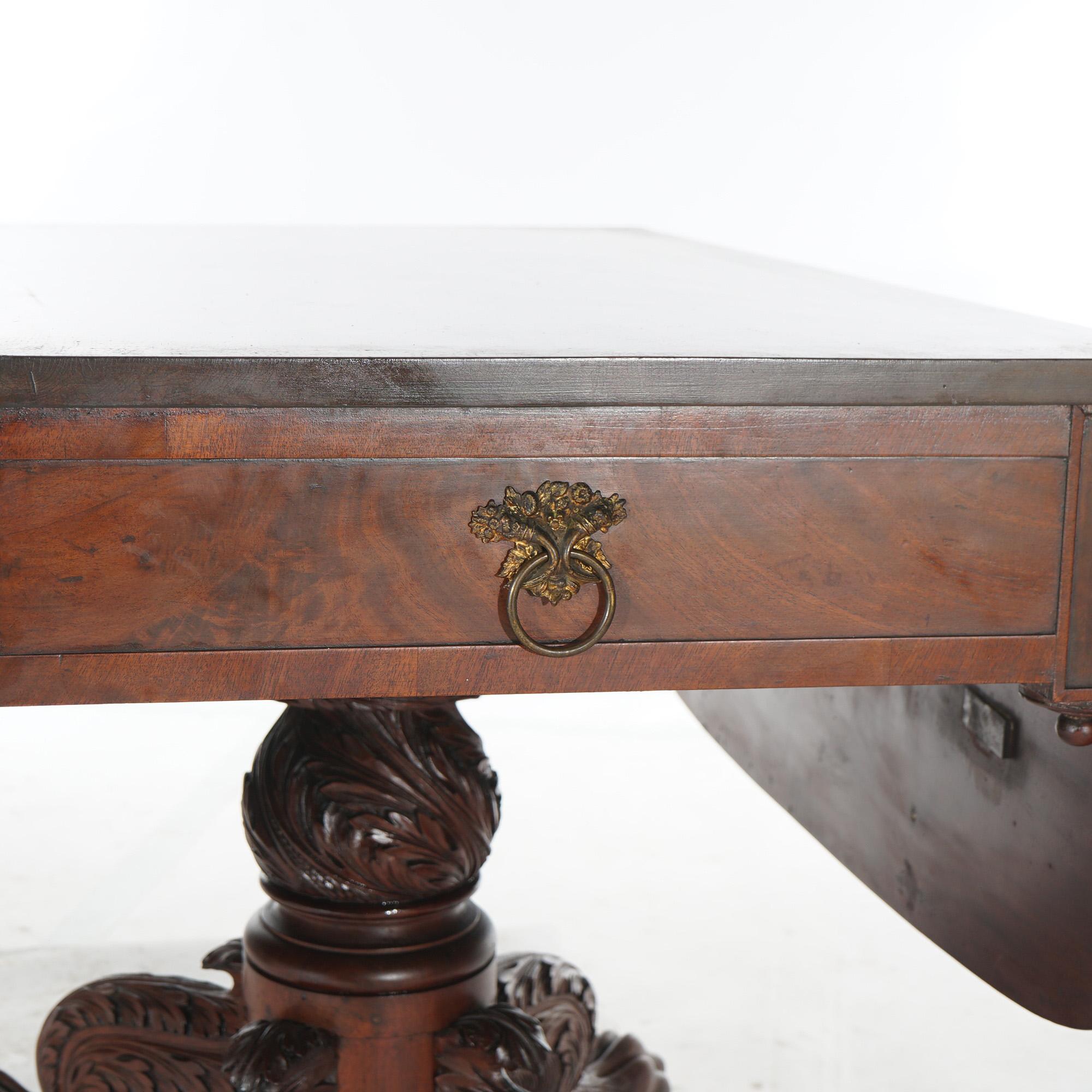 Antique American Empire Classical Carved Mahogany Drop Leaf Table with Paw Feet 3