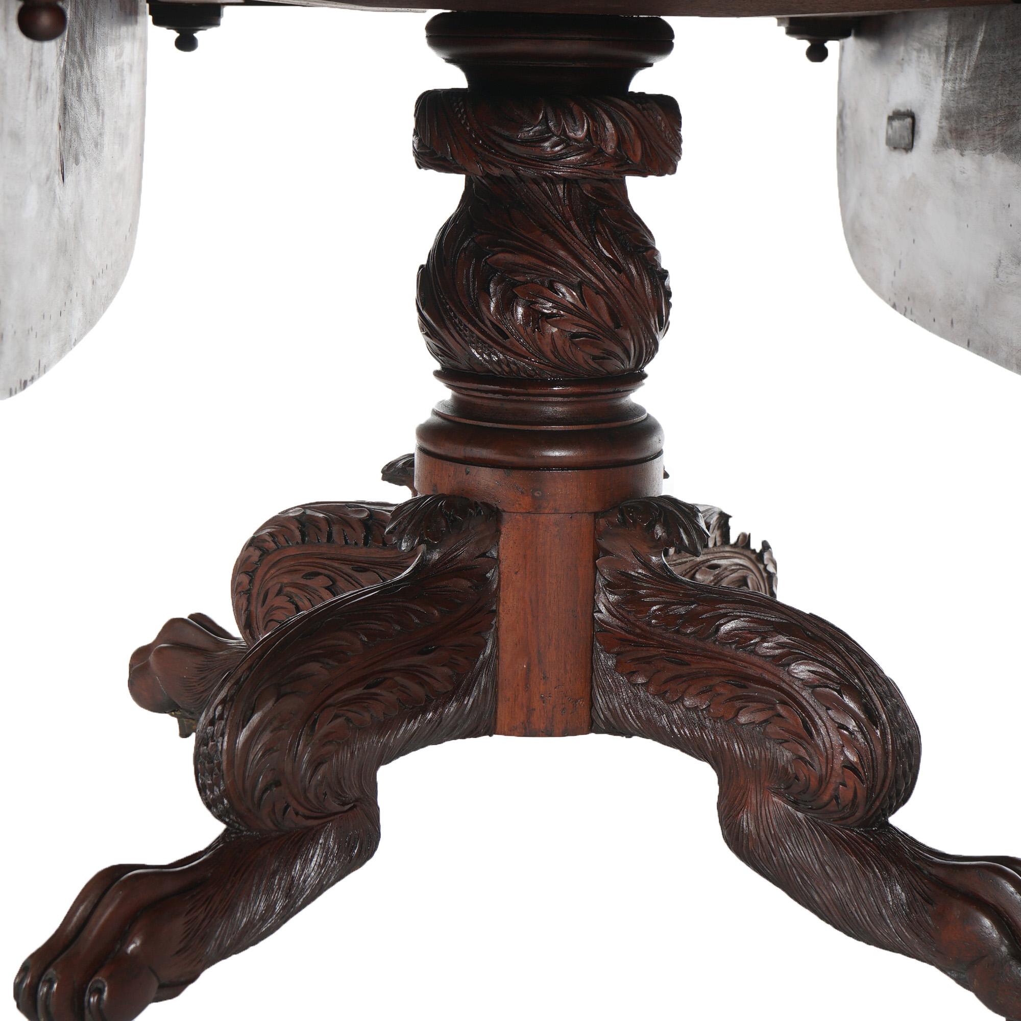 Antique American Empire Classical Carved Mahogany Drop Leaf Table with Paw Feet 4