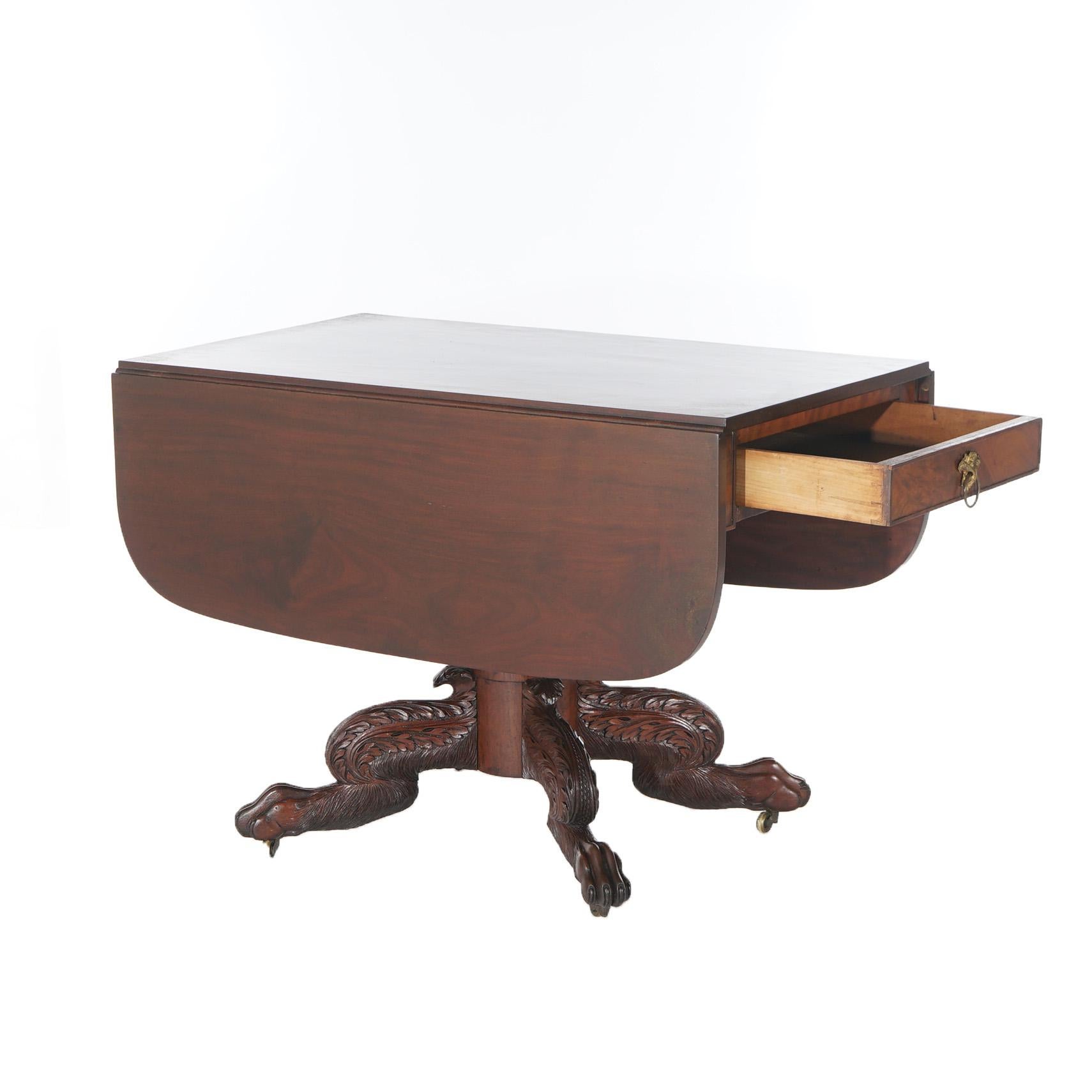 Antique American Empire Classical Carved Mahogany Drop Leaf Table with Paw Feet 5