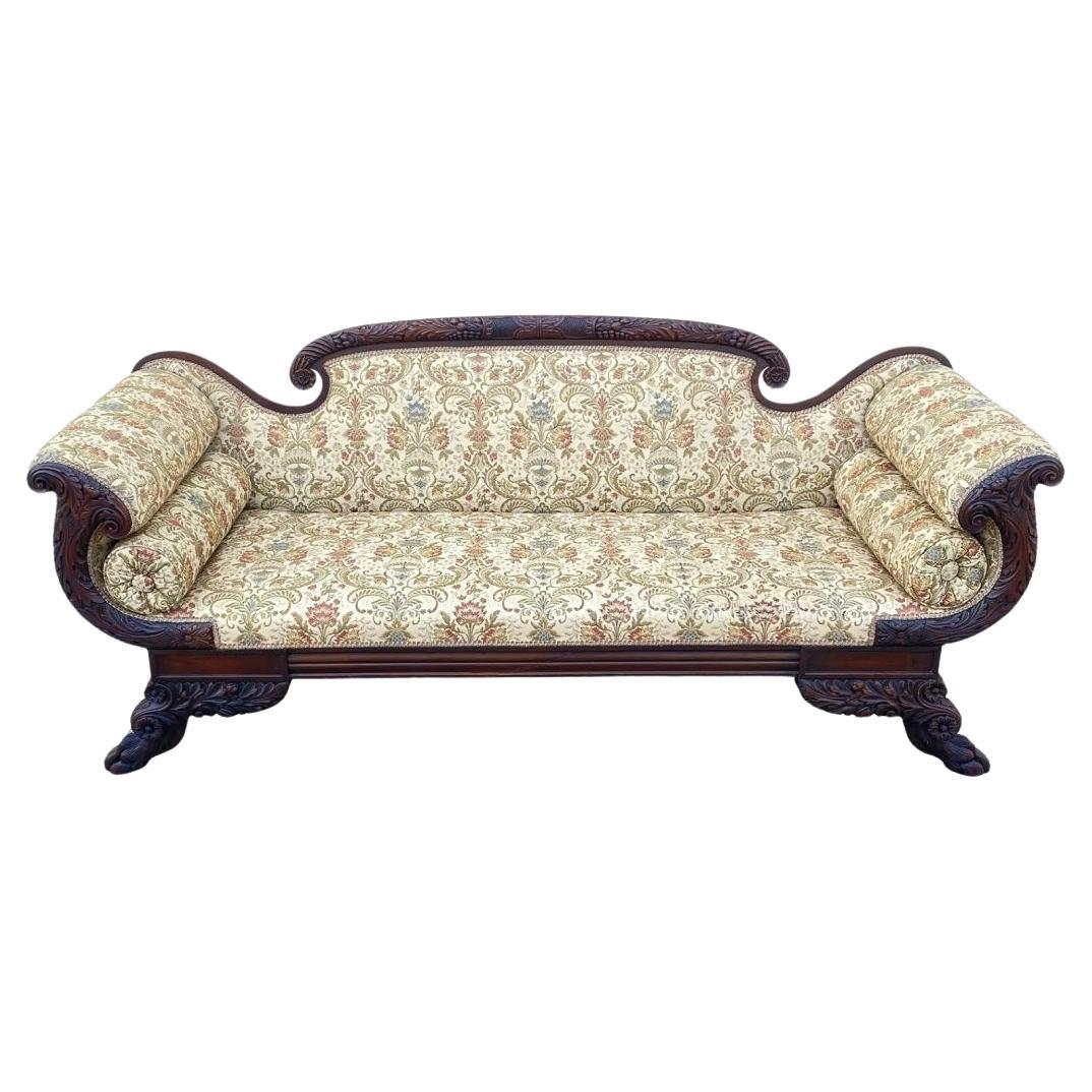 Antique American Empire Classical Carved Mahogany Paw Foot Cornucopia Arm Sofa