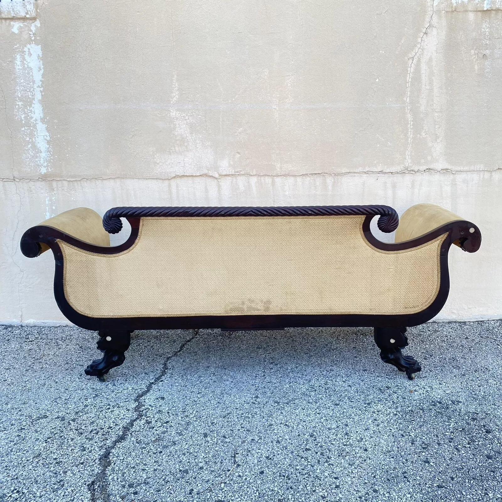 Antique American Empire Classical Carved Mahogany Paw Foot Rolled Arm Sofa For Sale 5