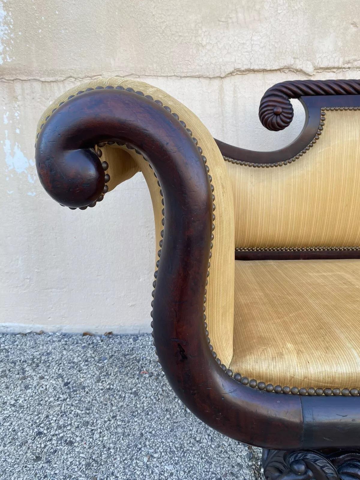 Antique American Empire Classical Carved Mahogany Paw Foot Rolled Arm Sofa For Sale 8