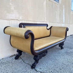 Antique American Empire Classical Carved Mahogany Paw Foot Rolled Arm Sofa