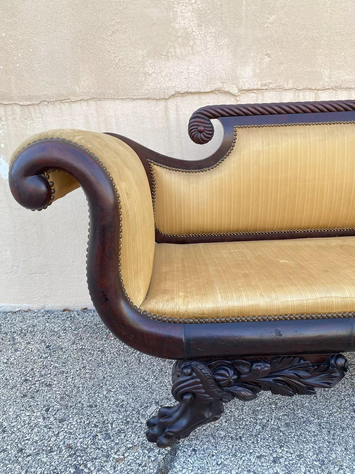 Unknown Antique American Empire Classical Carved Mahogany Paw Foot Rolled Arm Sofa For Sale
