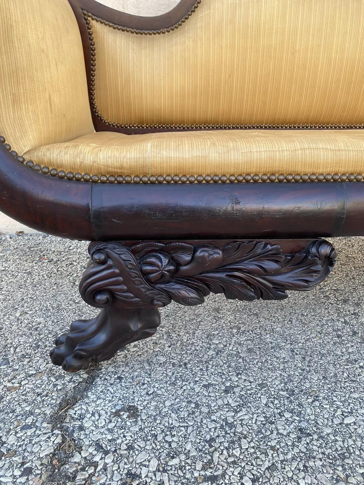 19th Century Antique American Empire Classical Carved Mahogany Paw Foot Rolled Arm Sofa For Sale