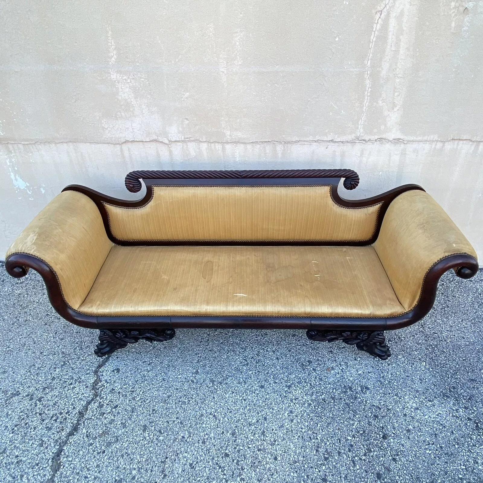 Antique American Empire Classical Carved Mahogany Paw Foot Rolled Arm Sofa For Sale 1