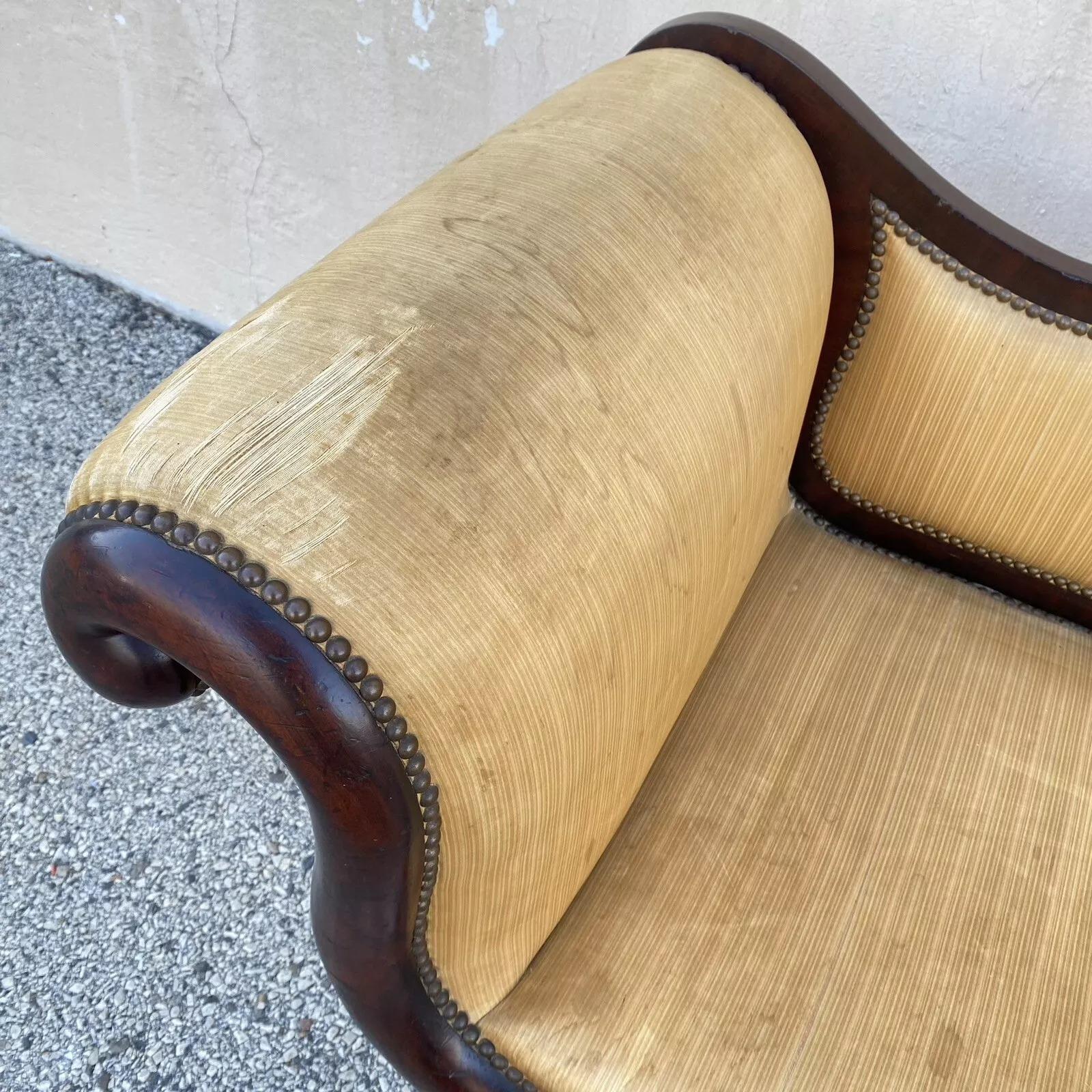 Antique American Empire Classical Carved Mahogany Paw Foot Rolled Arm Sofa For Sale 3