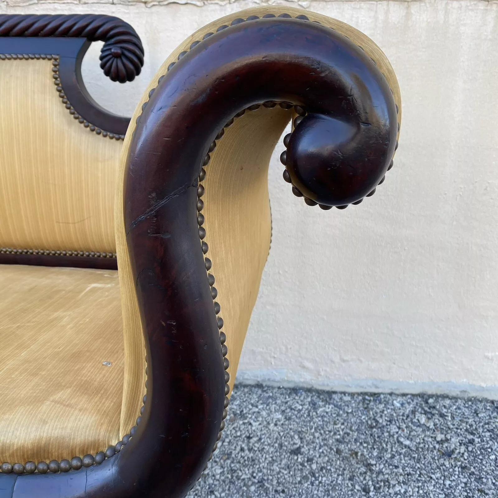 Antique American Empire Classical Carved Mahogany Paw Foot Rolled Arm Sofa For Sale 4