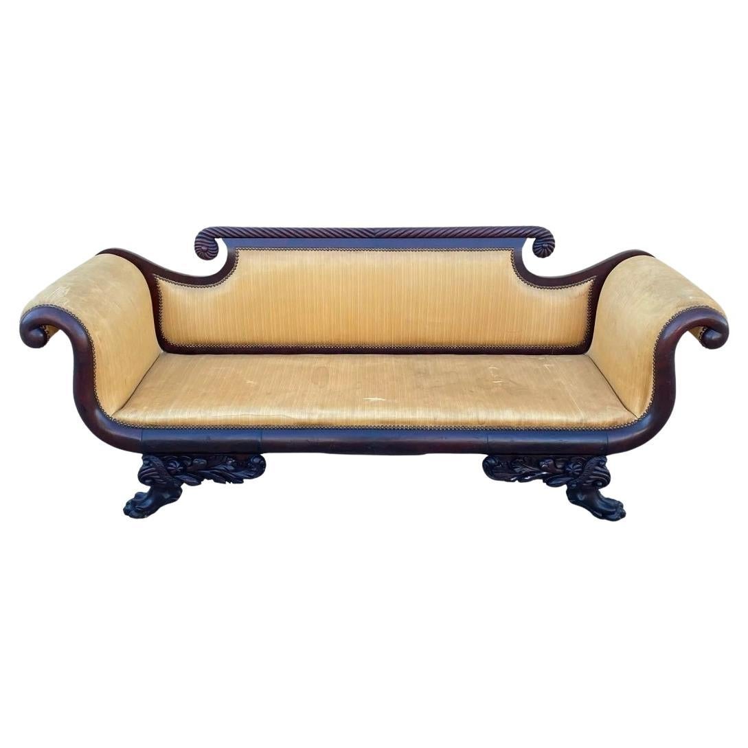Antique American Empire Classical Carved Mahogany Paw Foot Rolled Arm Sofa