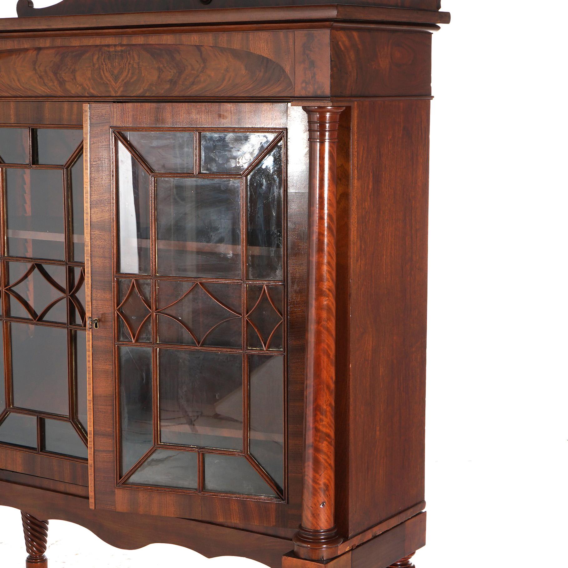 Carved Antique American Empire Classical Flame Mahogany Double Door Bookcase c1840