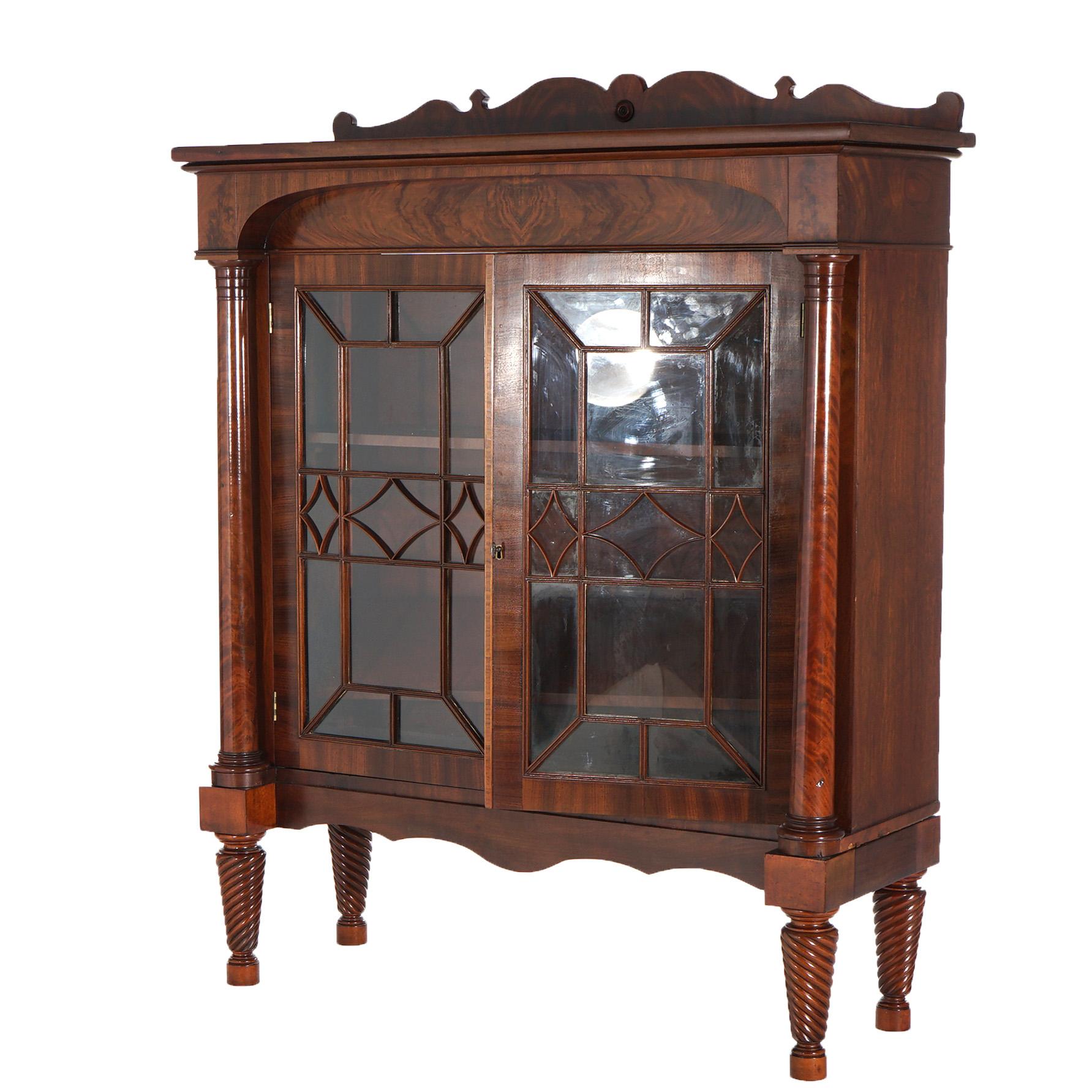 19th Century Antique American Empire Classical Flame Mahogany Double Door Bookcase c1840