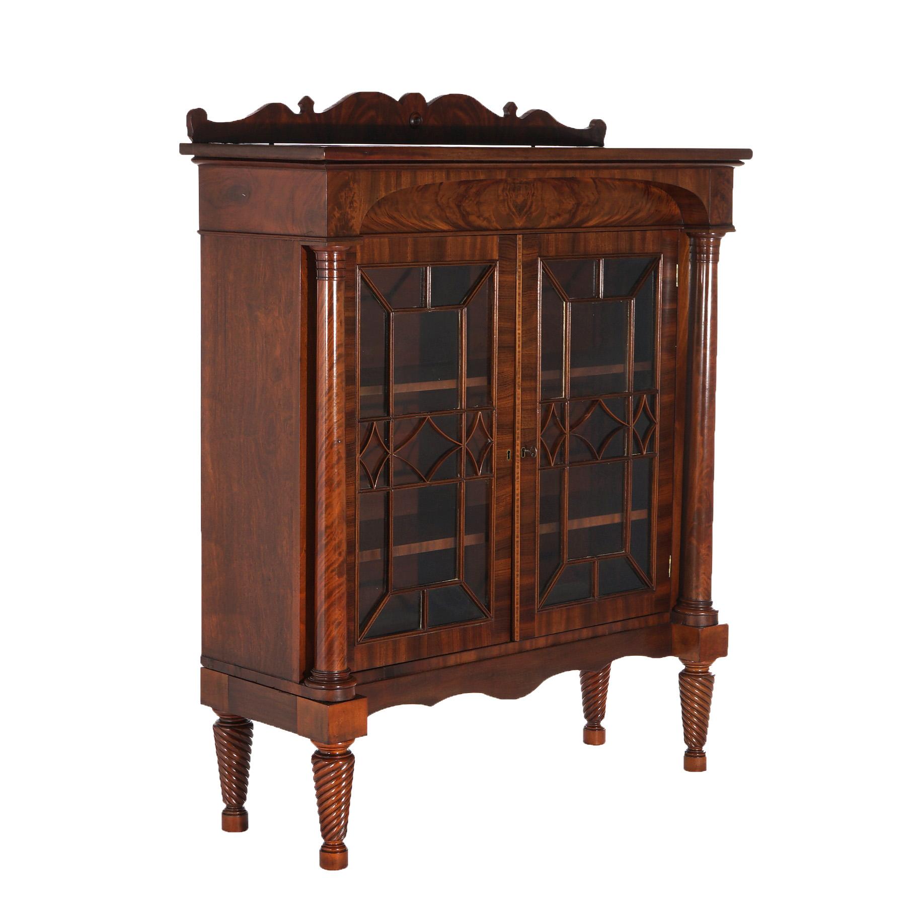 Antique American Empire Classical Flame Mahogany Double Door Bookcase c1840 3
