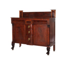 Antique American Empire Classical Flame Mahogany Sideboard, Bronze Pulls, c1840