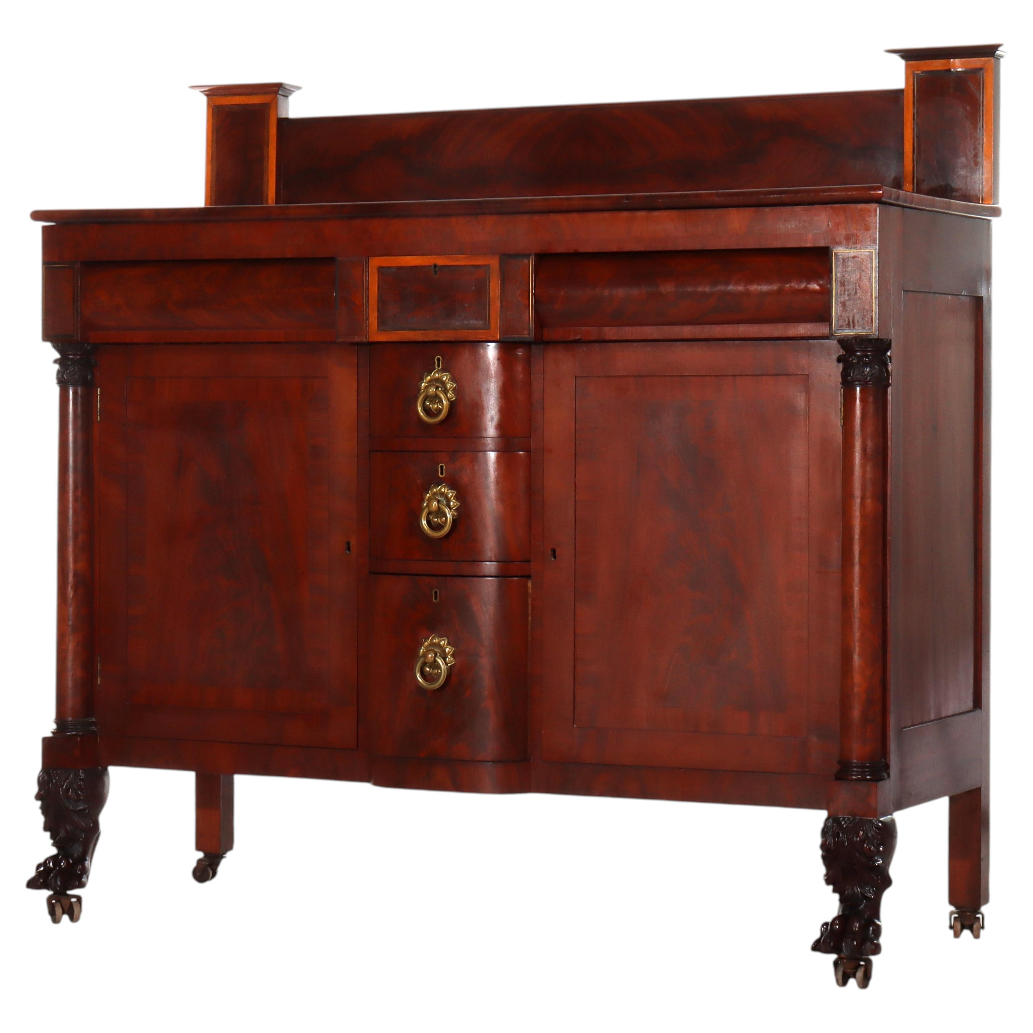 Antique American Empire Classical Flame Mahogany Sideboard, Bronze Pulls, c1840 For Sale