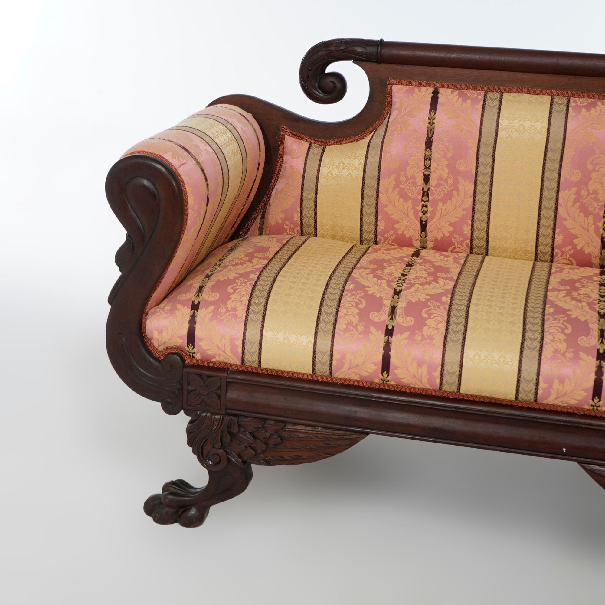 Upholstery Antique American Empire Classical Greco Figural Gooseneck Mahogany Sofa c1840