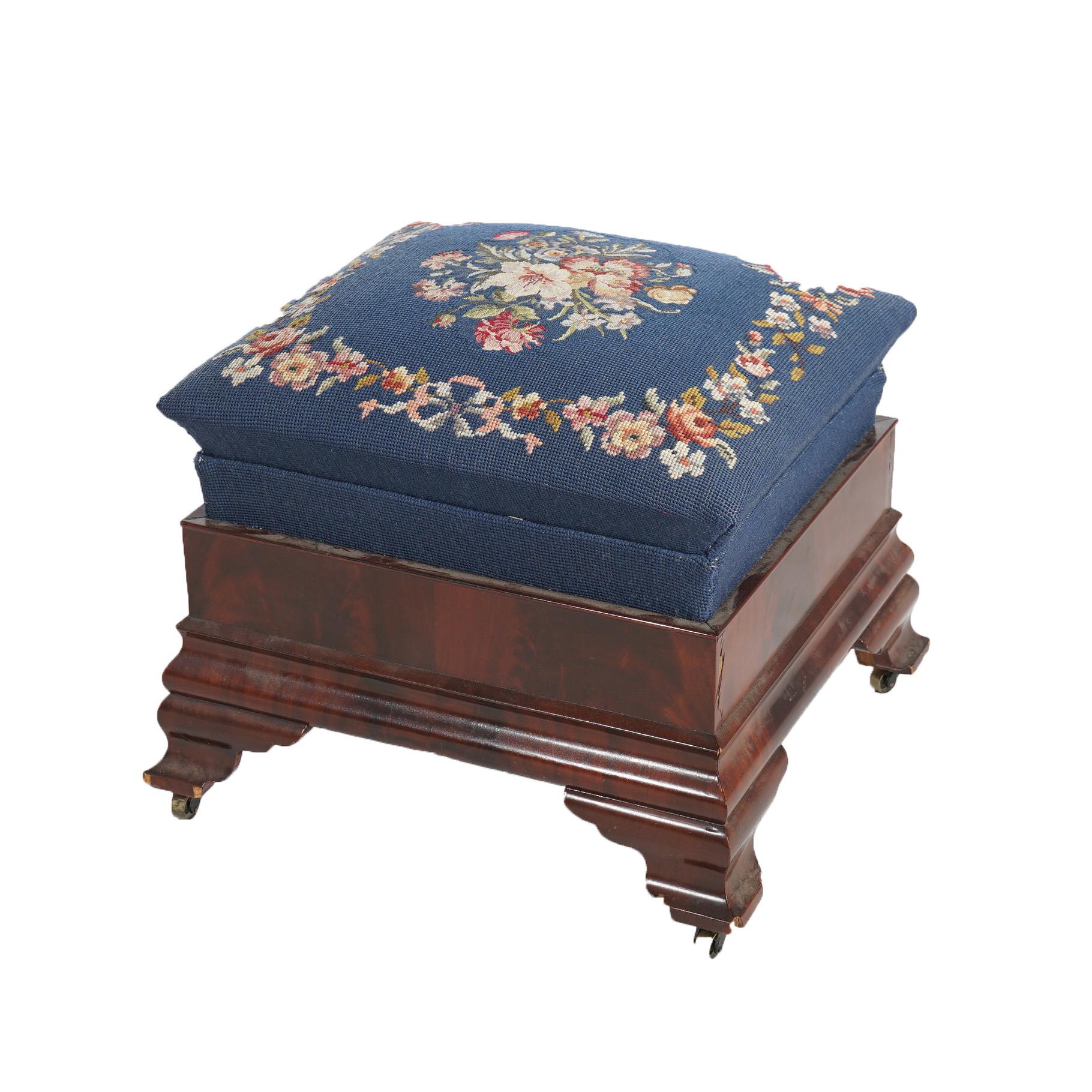 ***Ask About Reduced In-House Shipping Rates - Reliable Service & Fully Insured***
Antique American Empire Classical Greco Flame Mahogany & Floral Needlepoint Footstool 19thC

Measures- 17''H x 18.25''W x 18.25''D
