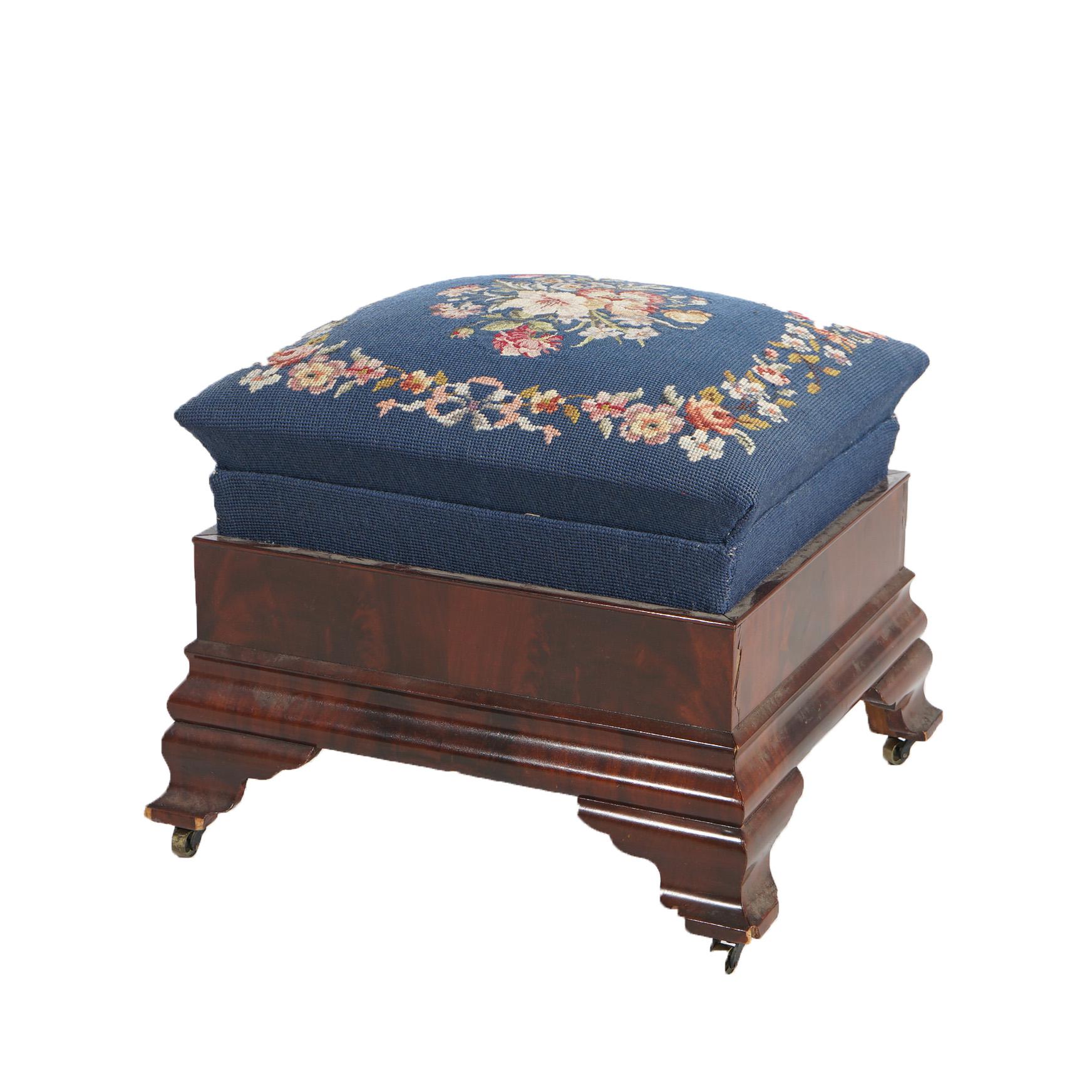 Antique American Empire Classical Greco Flame Mahogany Needlepoint Stool 19thC In Good Condition For Sale In Big Flats, NY