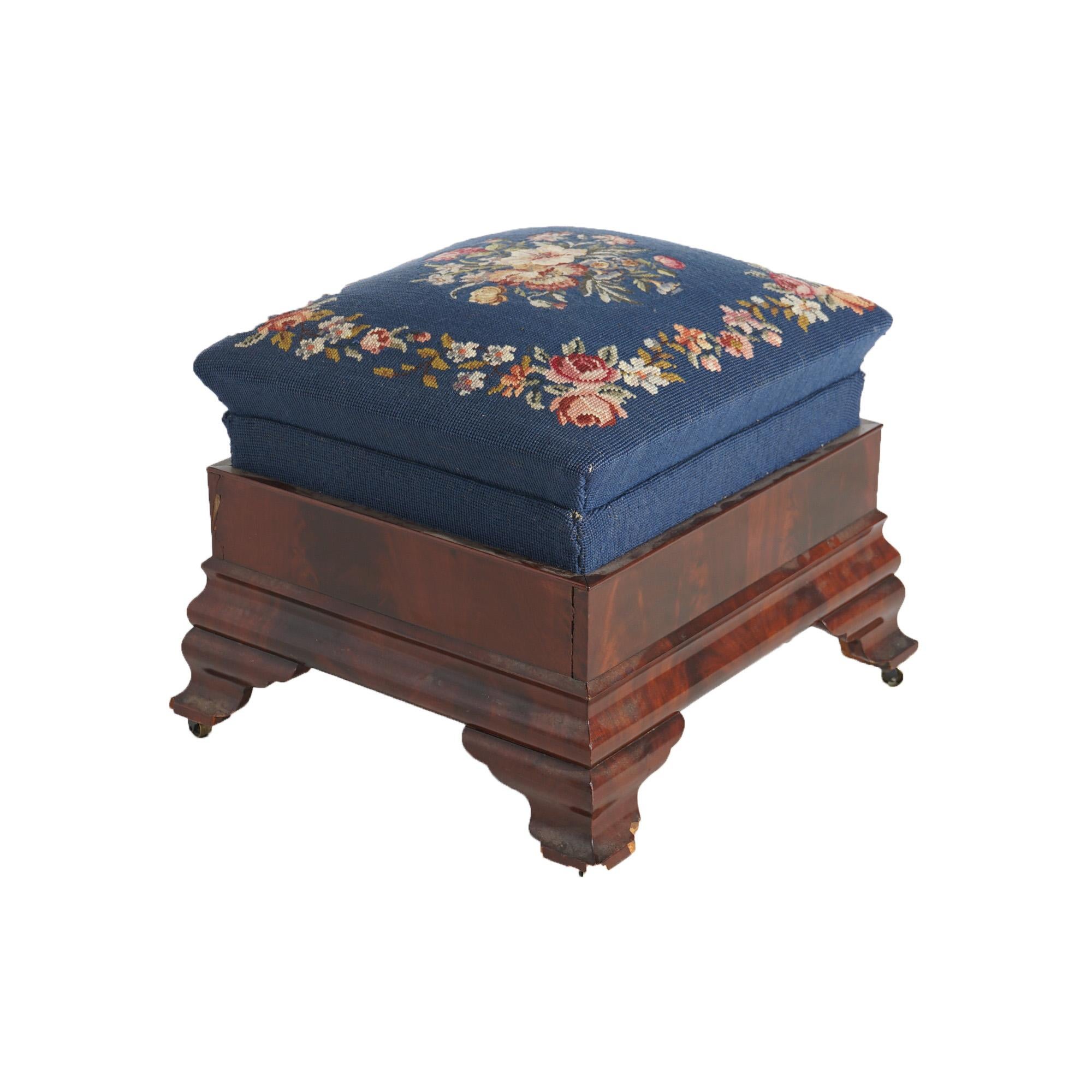 Antique American Empire Classical Greco Flame Mahogany Needlepoint Stool 19thC For Sale 1
