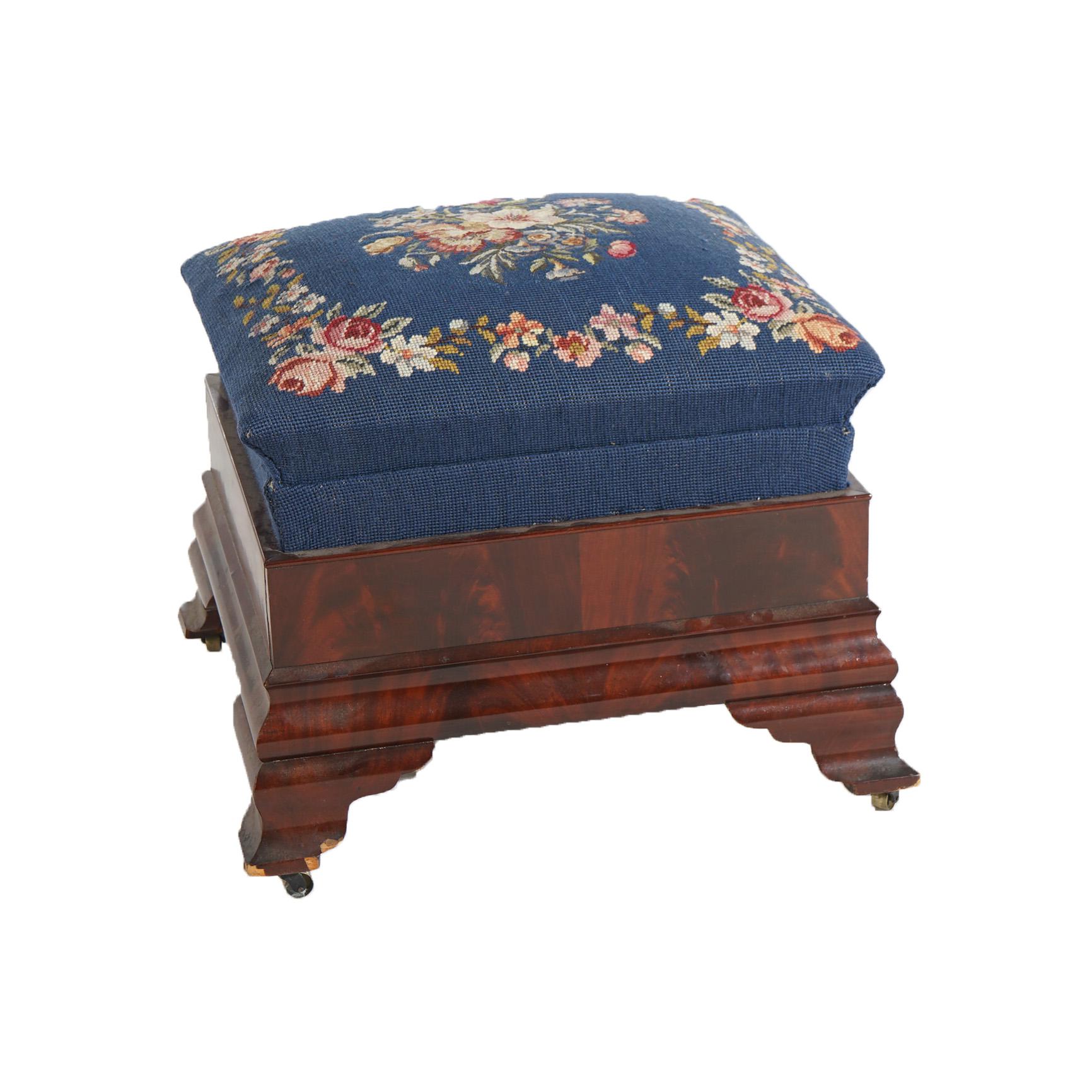 Antique American Empire Classical Greco Flame Mahogany Needlepoint Stool 19thC For Sale 2