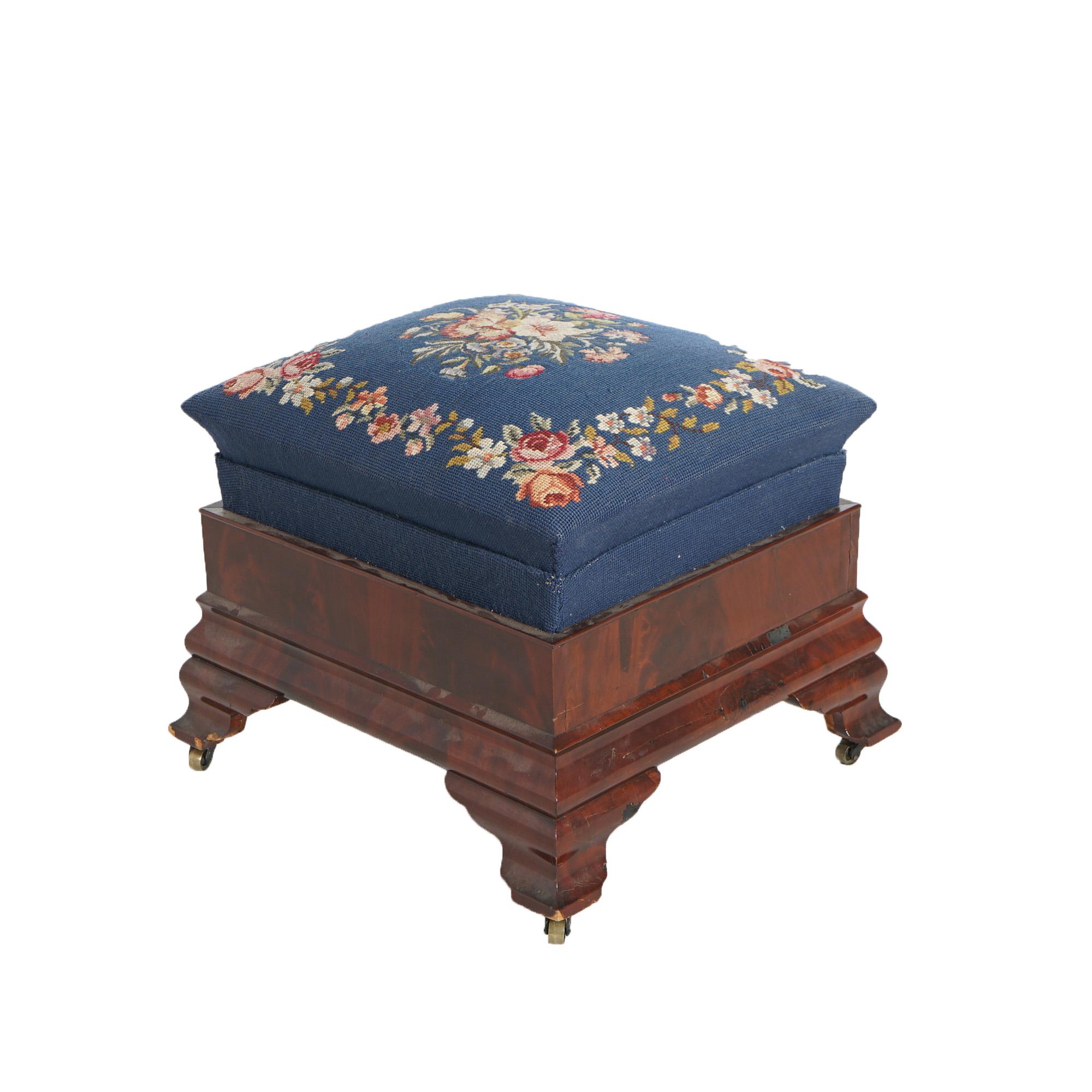 Antique American Empire Classical Greco Flame Mahogany Needlepoint Stool 19thC For Sale 3