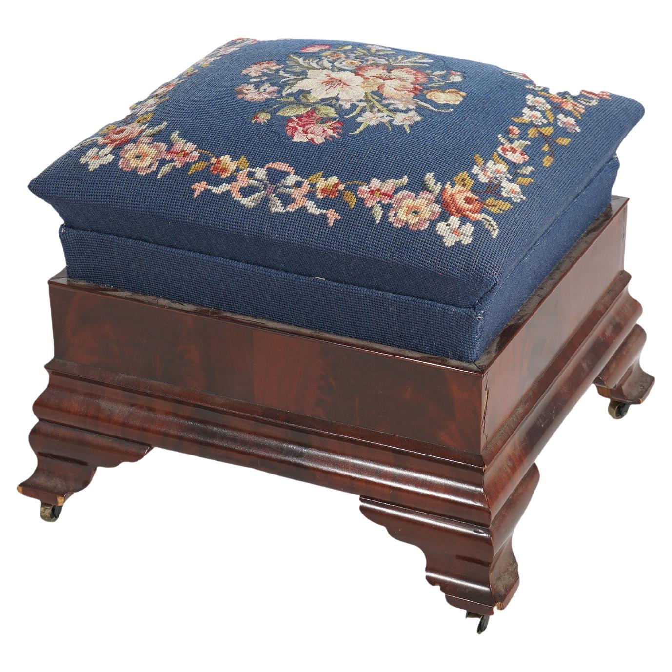 Antique American Empire Classical Greco Flame Mahogany Needlepoint Stool 19thC For Sale
