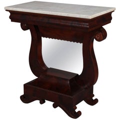 Antique American Empire Classical Lyre Flame Mahogany Marble & Mirror Pier Table