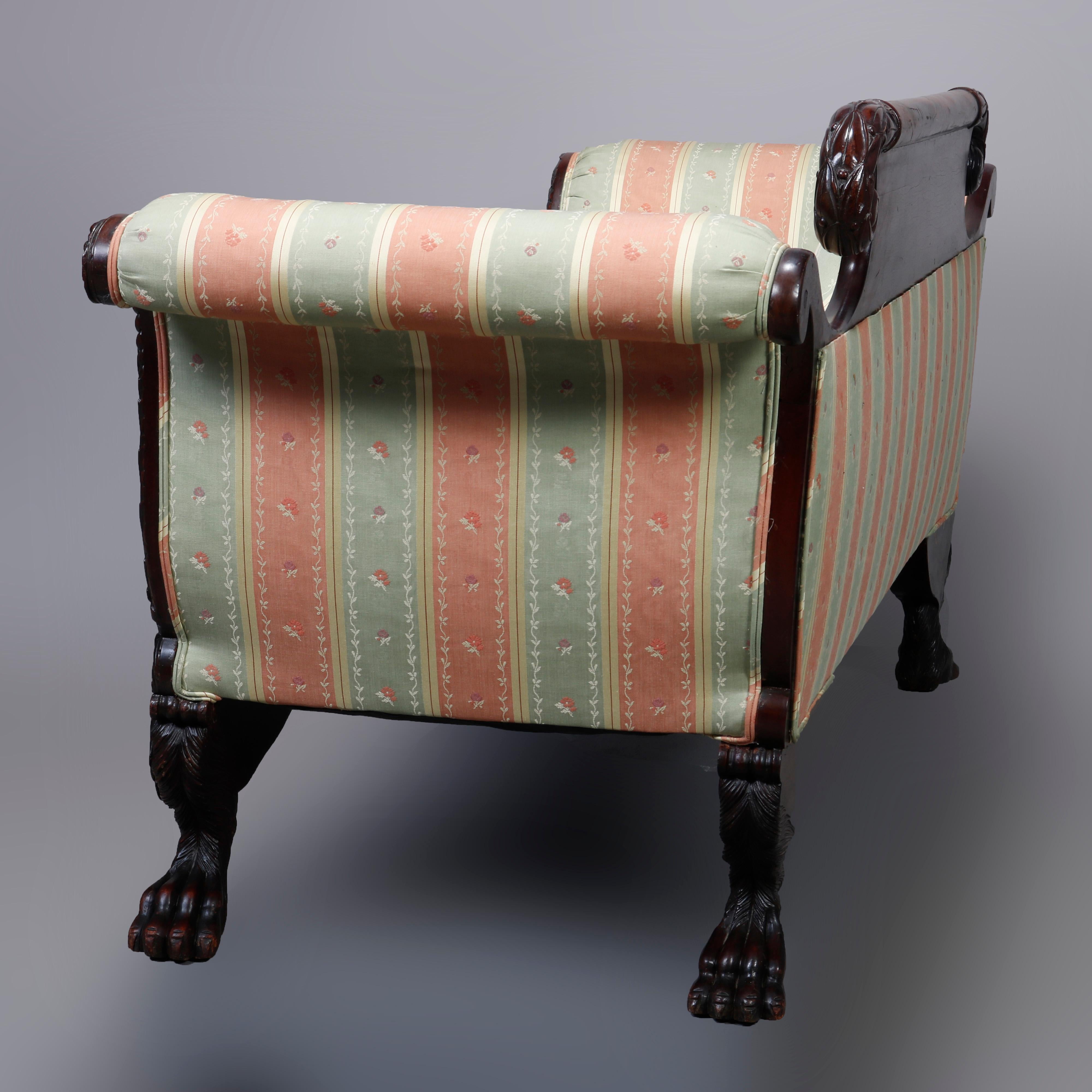 Upholstery Antique American Empire Classical Mahogany Scroll Arm Sofa, 19th Century