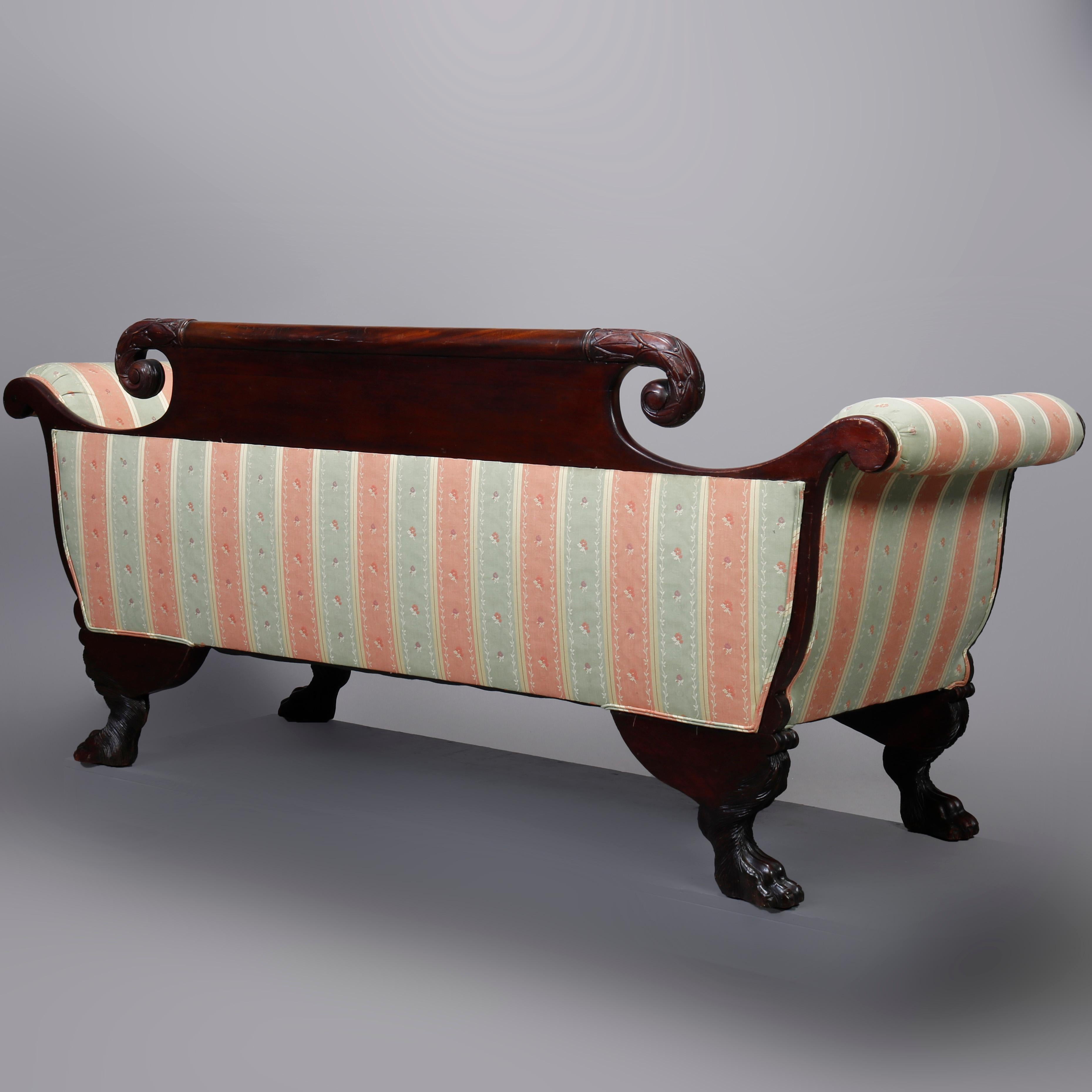 Antique American Empire Classical Mahogany Scroll Arm Sofa, 19th Century 1