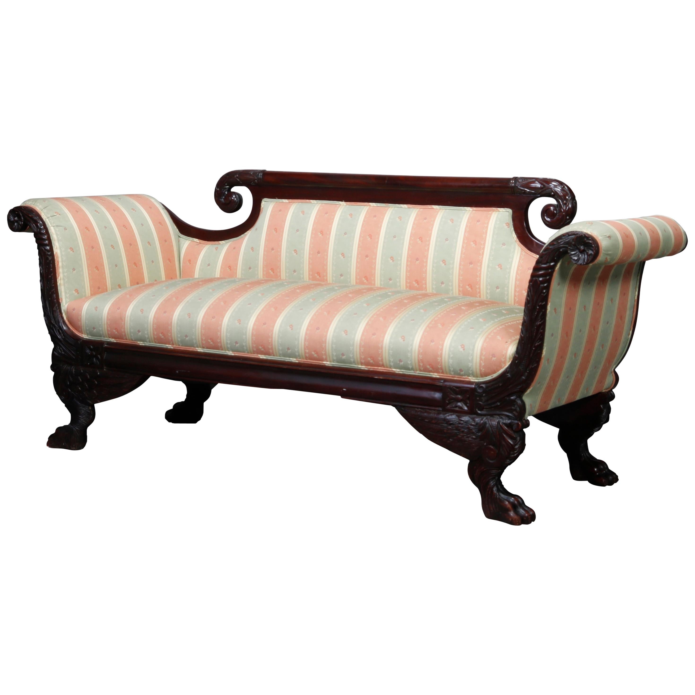 Antique American Empire Classical Mahogany Scroll Arm Sofa, 19th Century