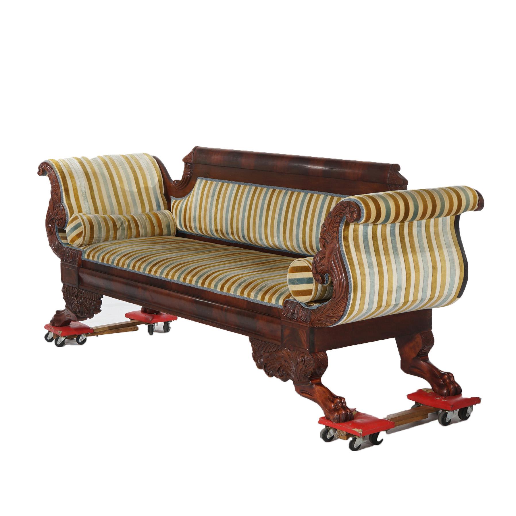 ***Reduced Delivery Rates - See Below or Click “Ask The Seller” to Request a Quote***

Antique American Empire Cornucopia Carved Flame Mahogany Upholstered Sofa with Scroll Form Arms and Paw Feet, C1840

Measures - 34
